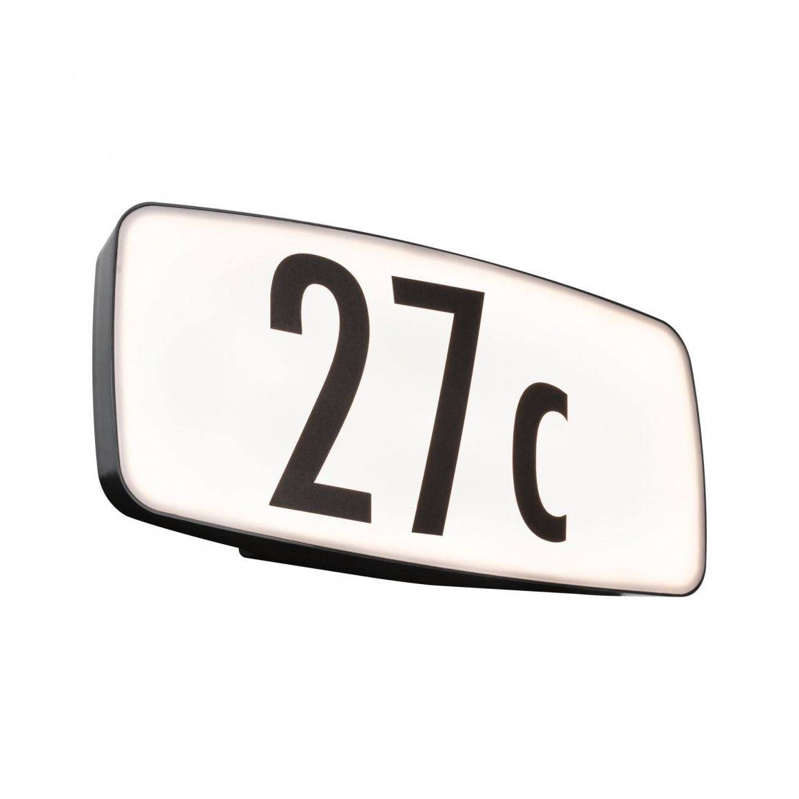 Biały, prostokątny znak z zaokrąglonymi krawędziami wyświetla numer 27c w kolorze czarnym. Znak jest podświetlony i otoczony czarną ramką.