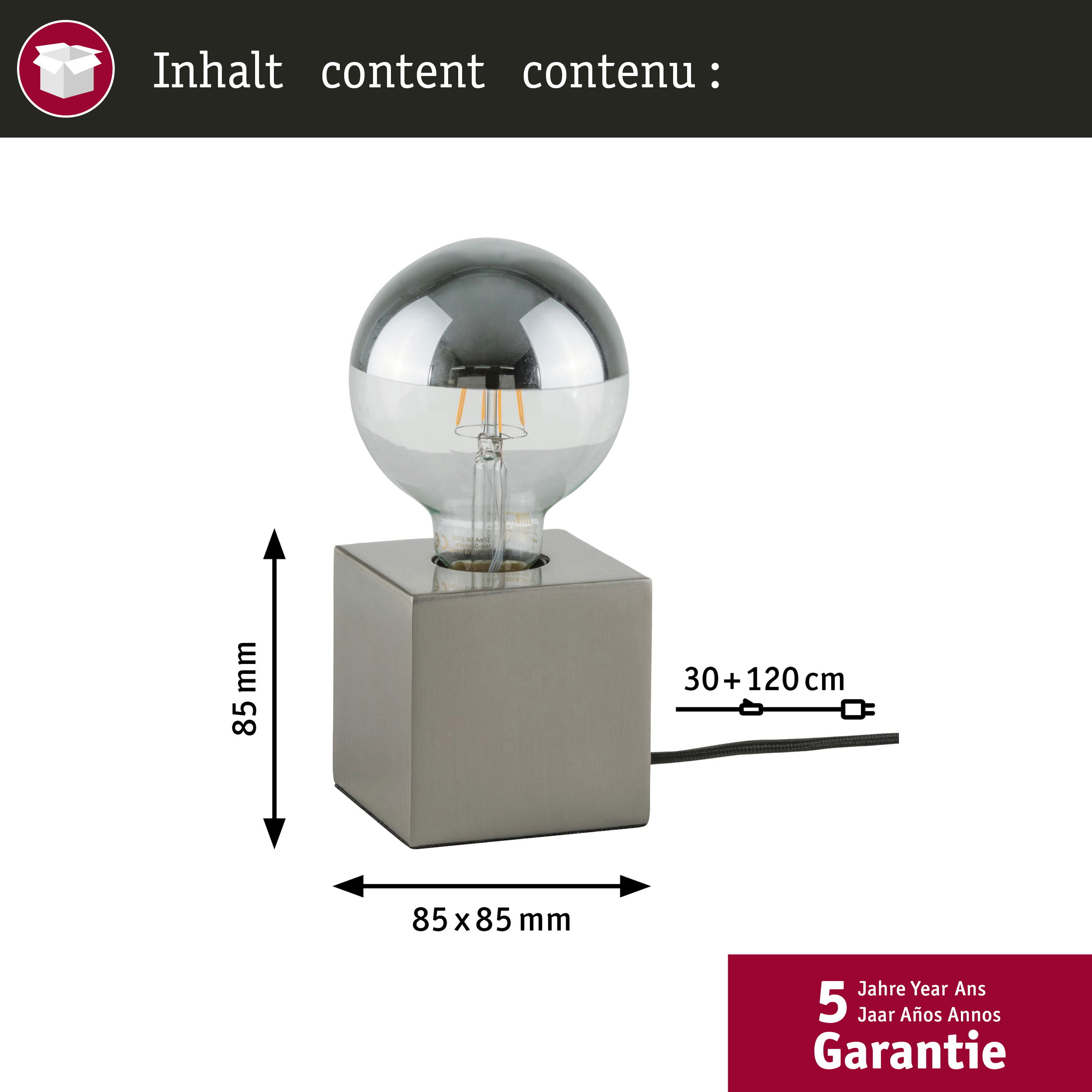 Srebrna żarówka z chromowanym wierzchem stoi na podstawie w kształcie kostki. Widoczne są również wymiary i tekst gwarancji.