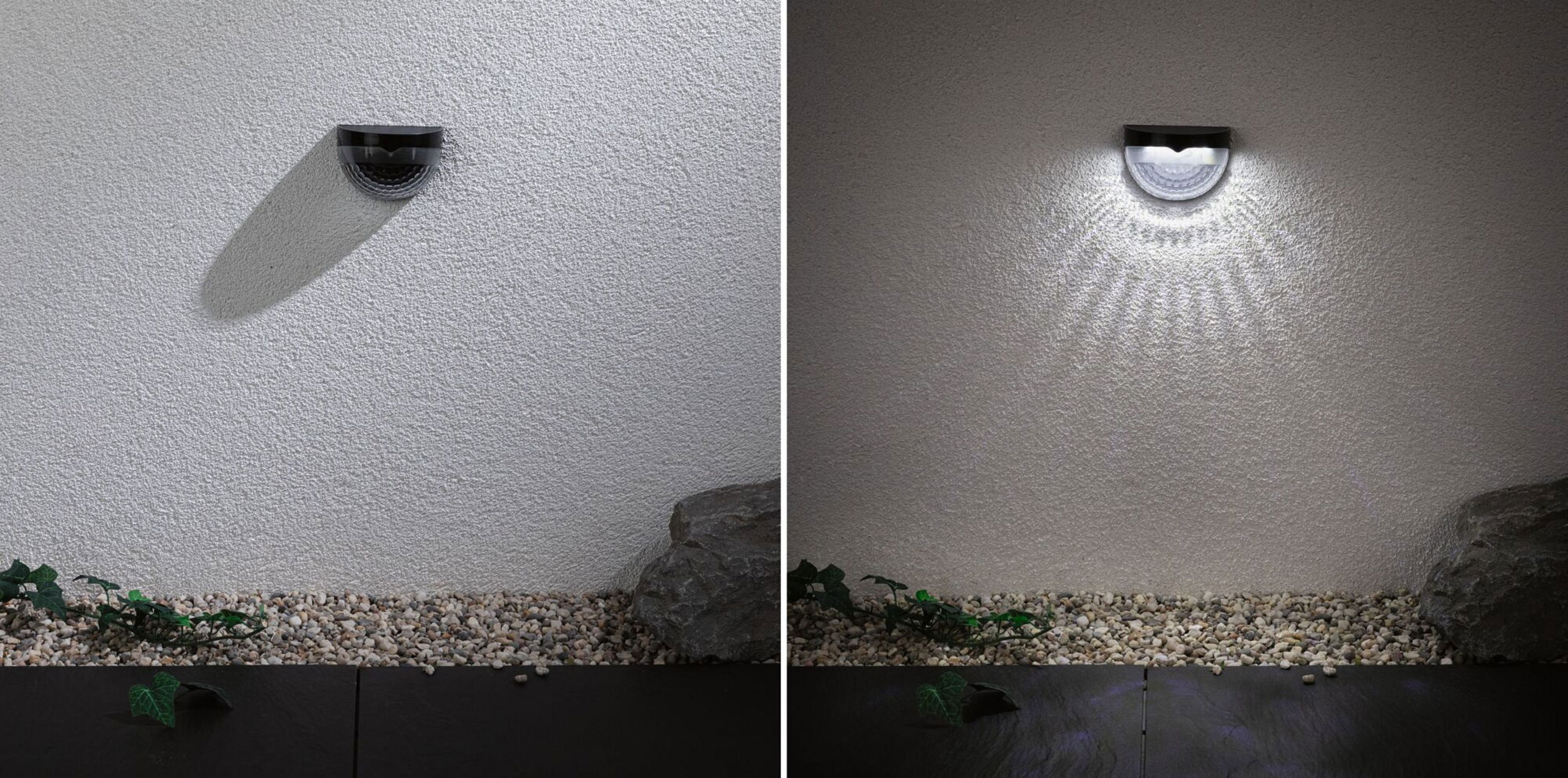 Eine Wandleuchte wirft einen Schatten. Rechts ist das Licht an und beleuchtet die Wand und die Steine darunter.