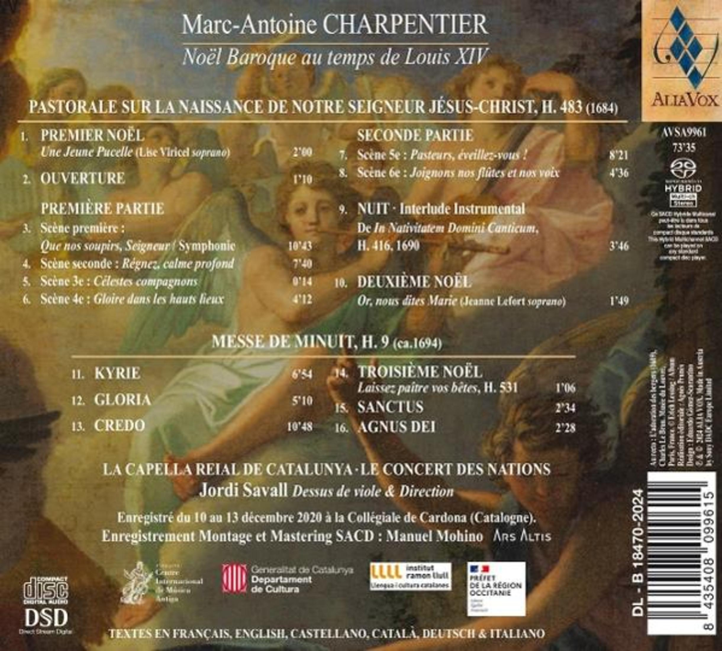 Portada de CD con texto sobre un concierto barroco de Navidad de Charpentier, con ángeles y texto en varios idiomas.