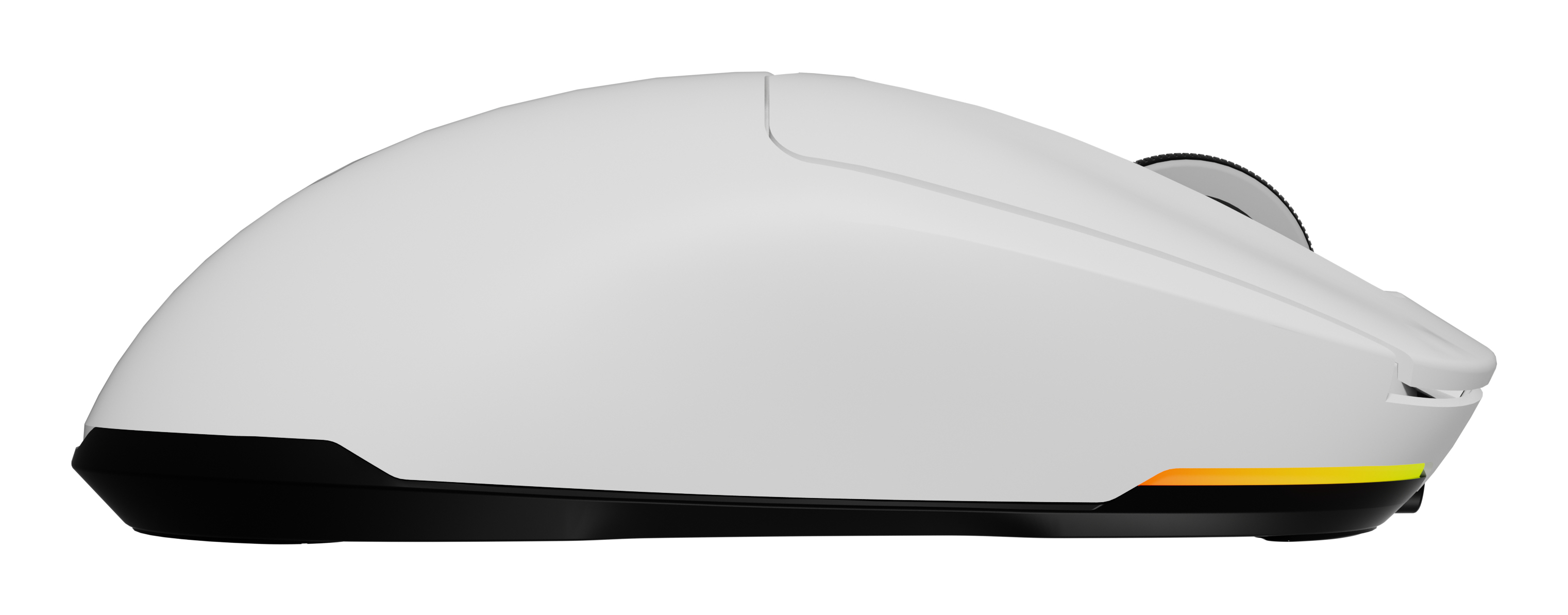 Biała mysz do gier z czarną podstawą i czarno-żółtym paskiem na dole. Mysz jest skierowana w prawo.