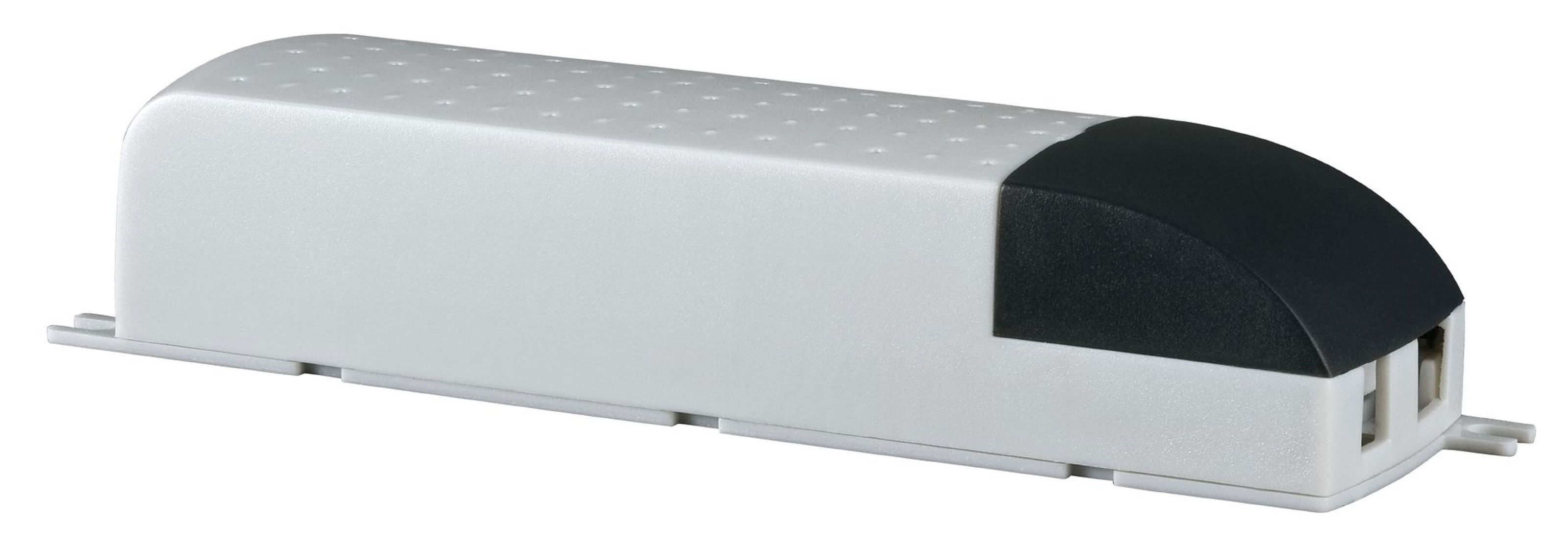 Białe, prostokątne urządzenie elektroniczne z czarnym, zakrzywionym końcem. Na górze małe otwory.