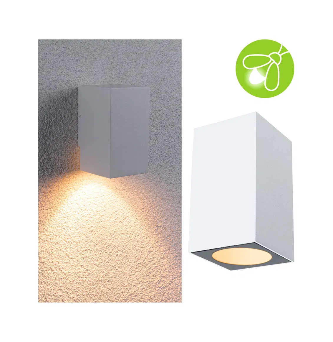 Eine weiße, rechteckige Wandleuchte strahlt warmes Licht auf eine strukturierte Wand. Eine ähnliche Lampe wird isoliert gezeigt.