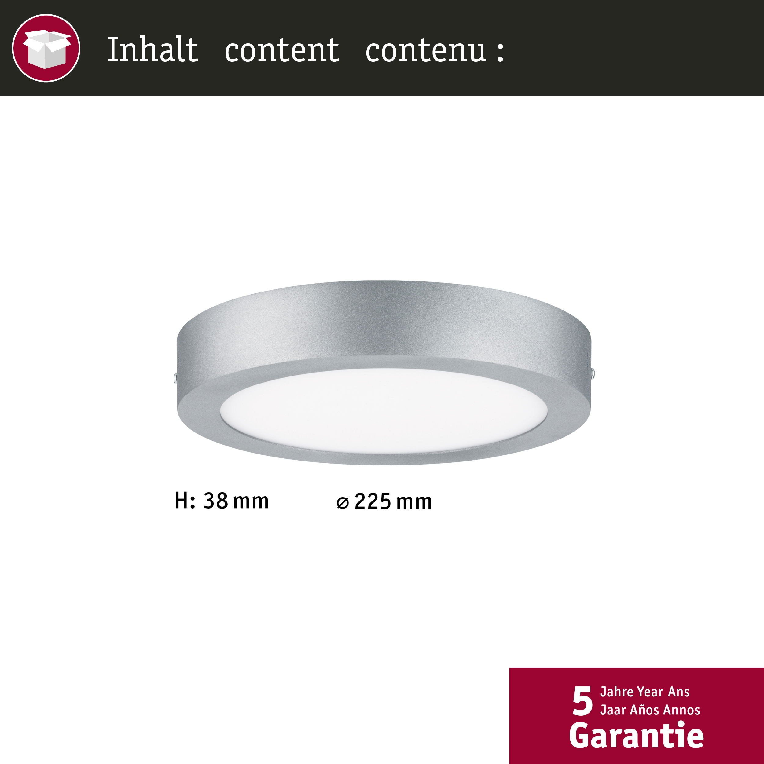 Una lampada da soffitto rotonda argentata con una sorgente luminosa interna bianca. Sotto, sono visualizzate le dimensioni.