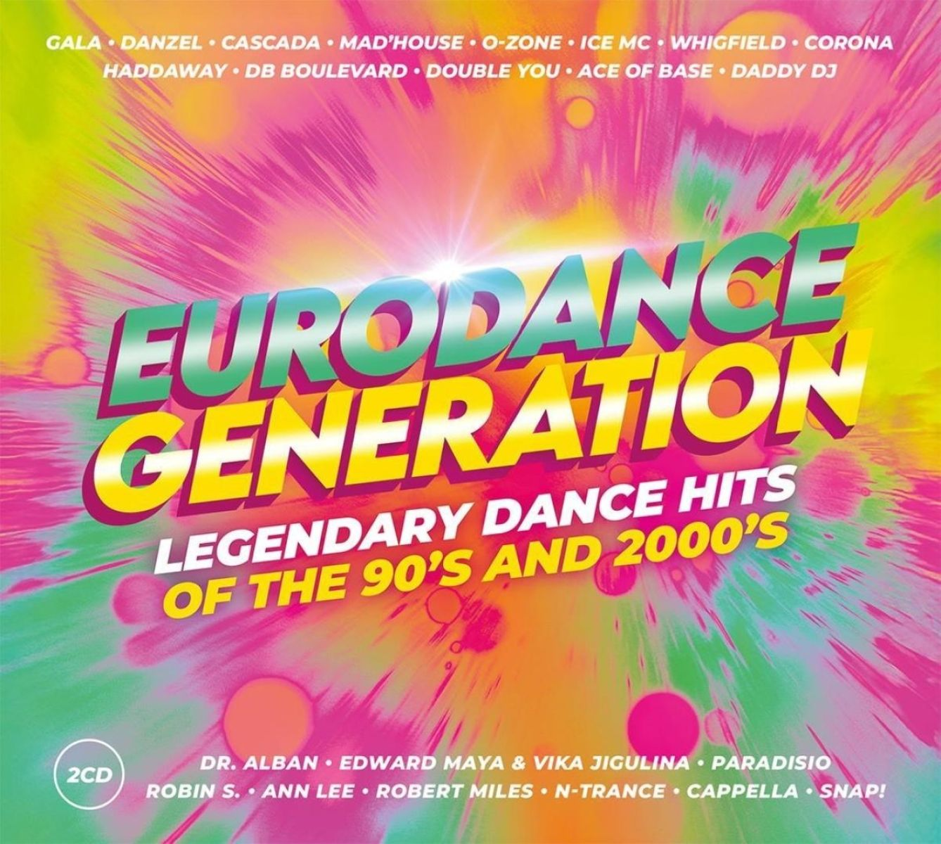 Copertina del CD con il titolo 'Eurodance Generation'. Include nomi di artisti e il testo 'Successi leggendari della dance anni '90 e 2000'.