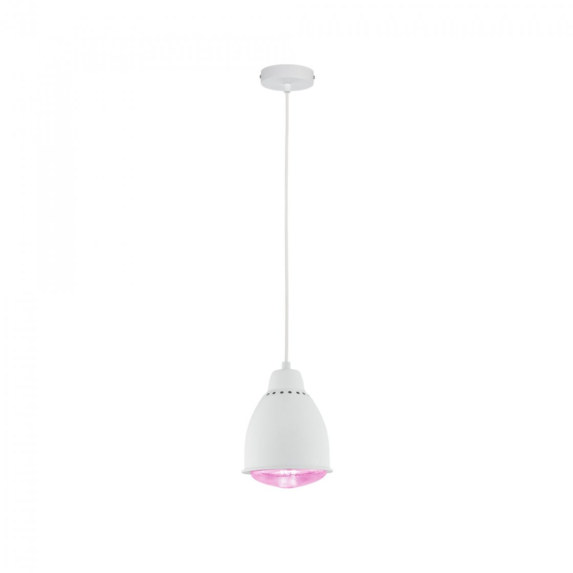Una lampada a sospensione bianca pende dal soffitto. Ha un paralume bianco con una luce rosa che emana dal basso.