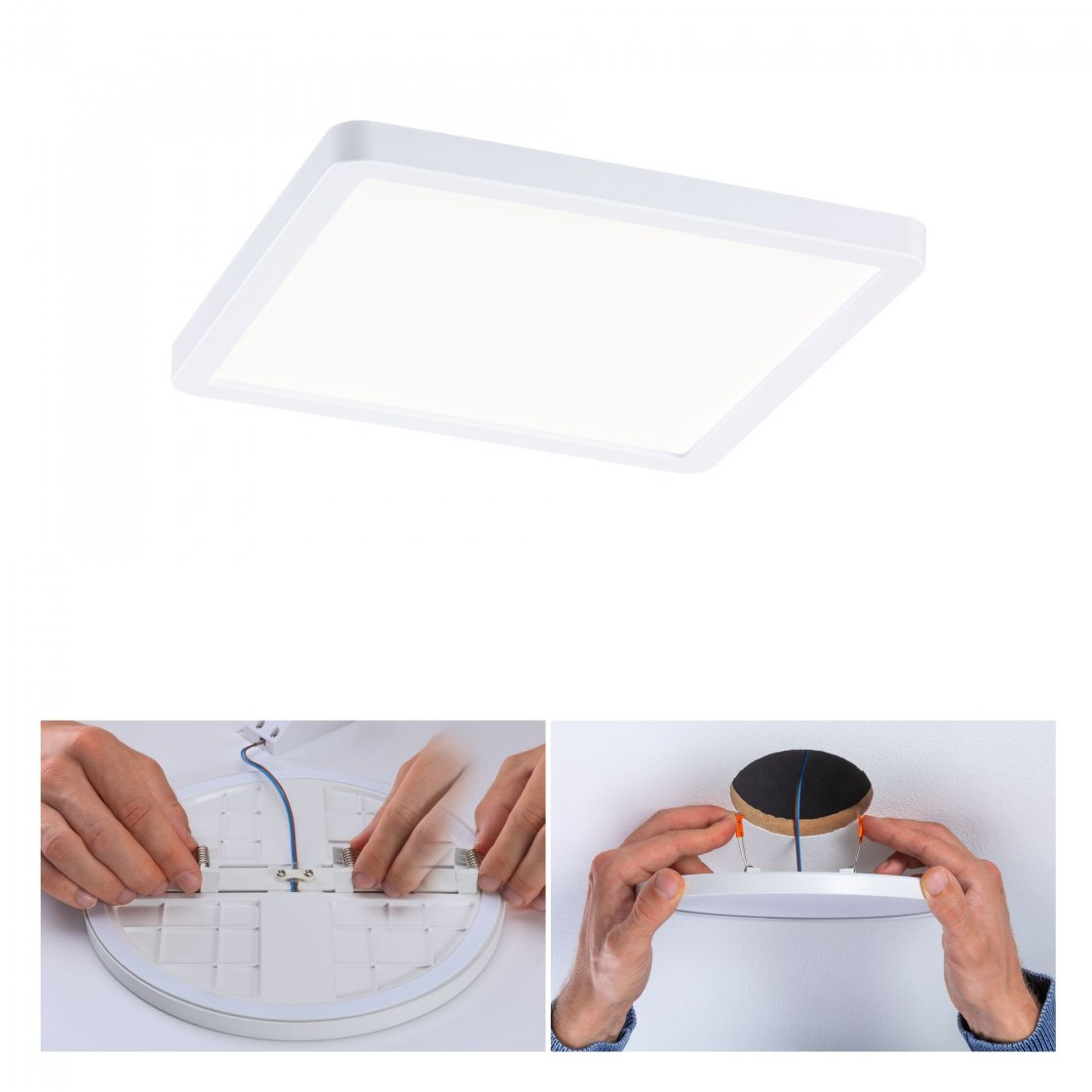 Eine quadratische, weiße LED-Deckenleuchte. Zwei Hände verbinden Drähte. Eine Person befestigt die Leuchte an der Decke.