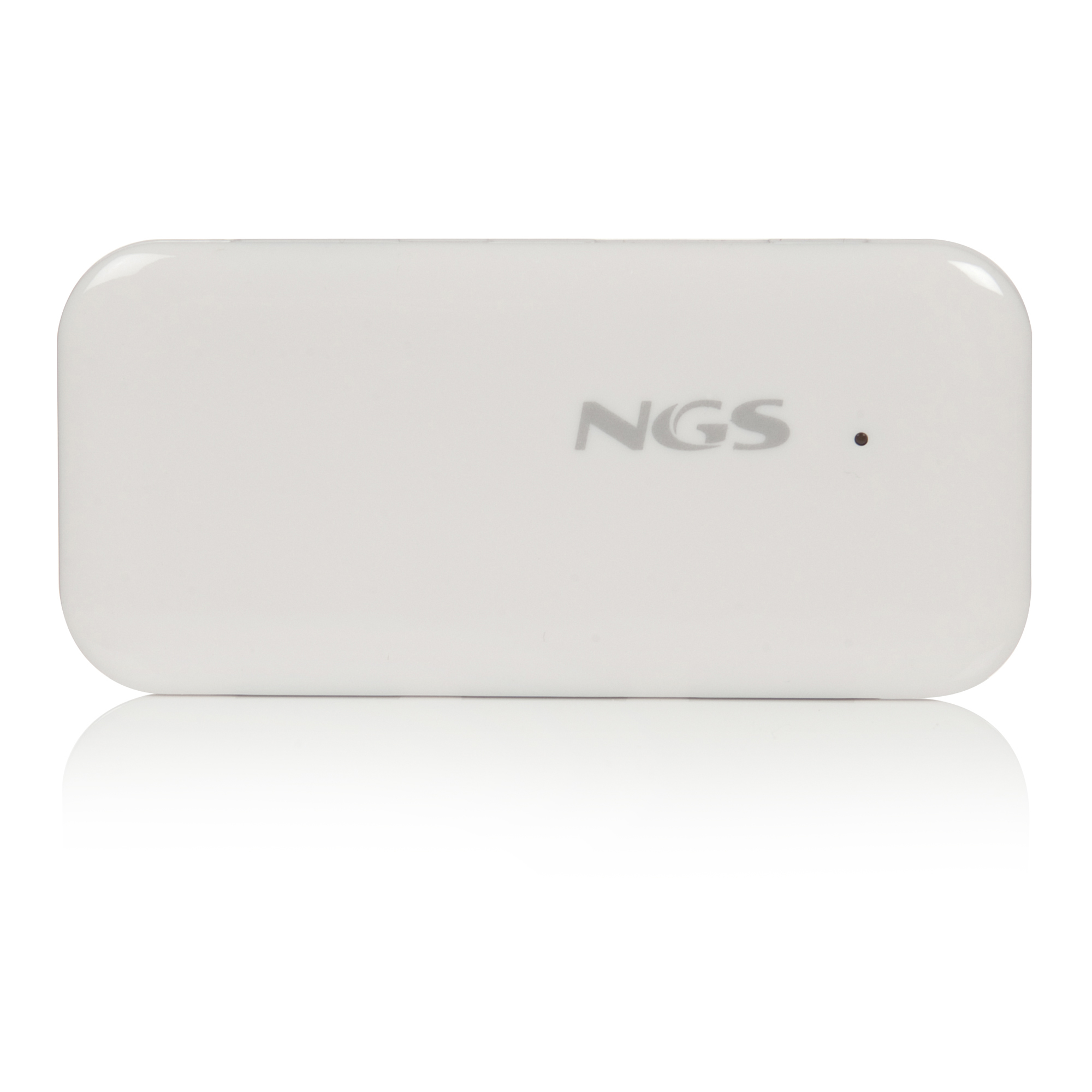 Dispositivo rectangular blanco con esquinas redondeadas. El logotipo 'NGS' está impreso en la parte superior. Un pequeño punto negro a la derecha.