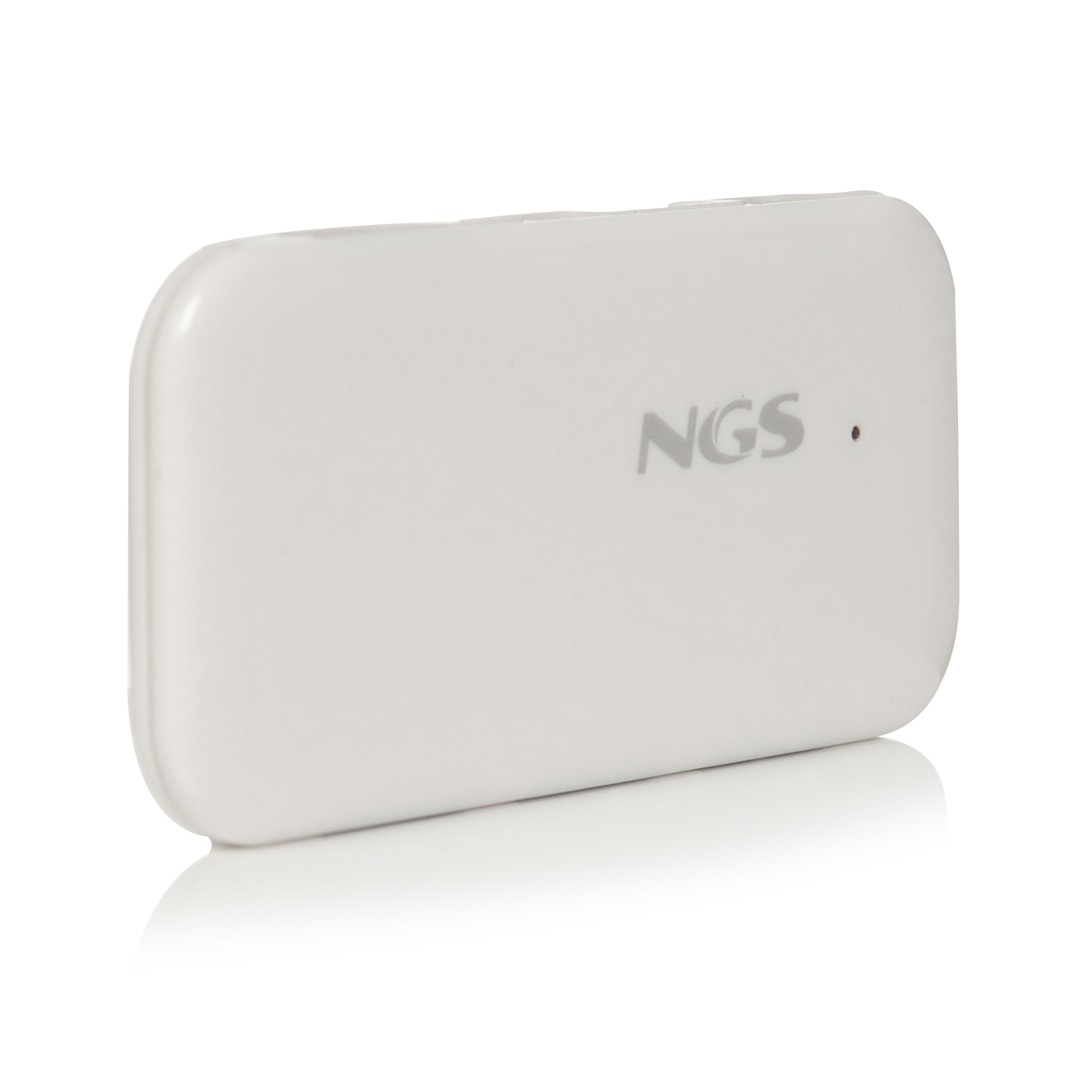 Un dispositivo rectangular blanco con las letras 'NGS'. El dispositivo está sobre una superficie blanca.