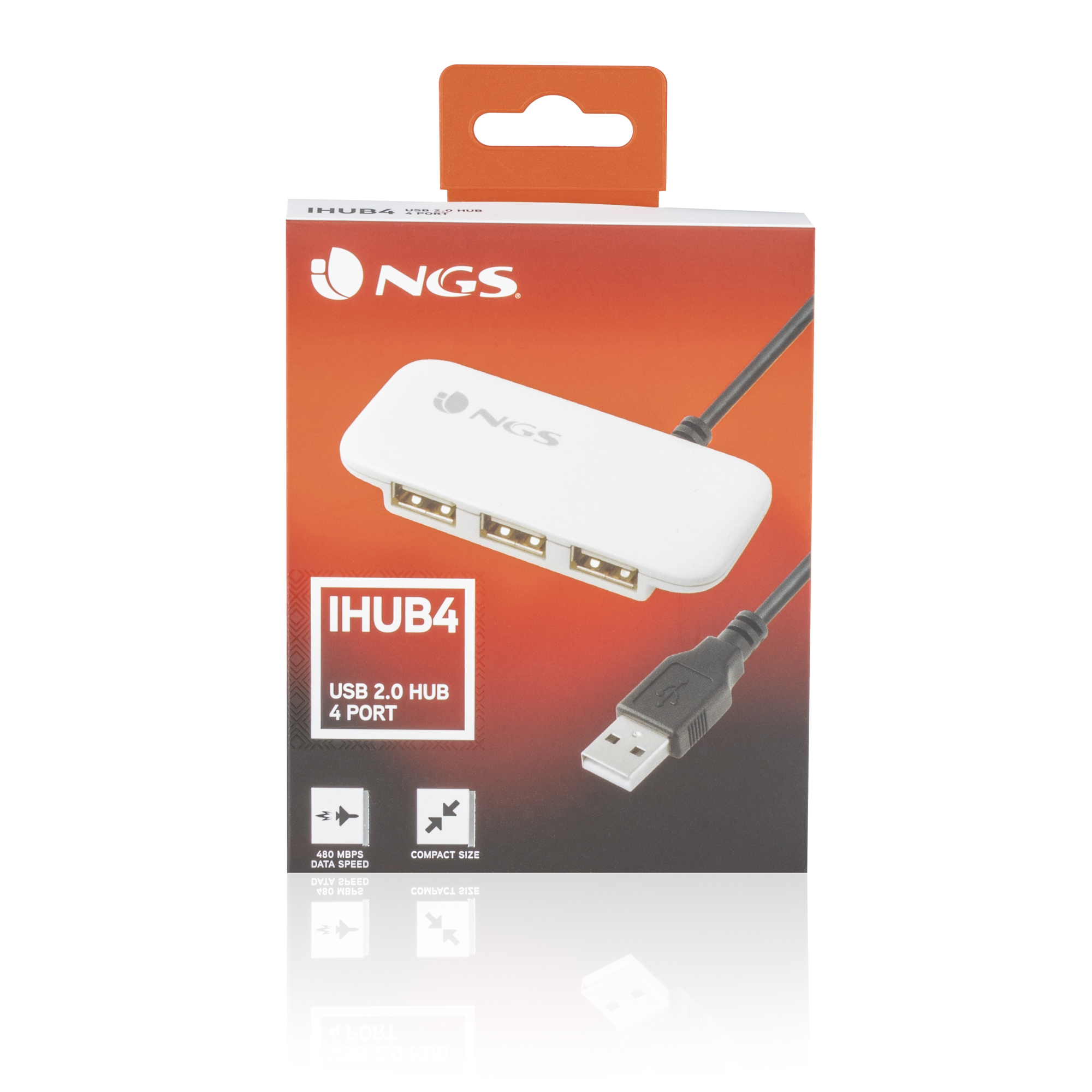 Un concentrador USB blanco con cuatro puertos, un cable negro y una caja con la marca NGS.