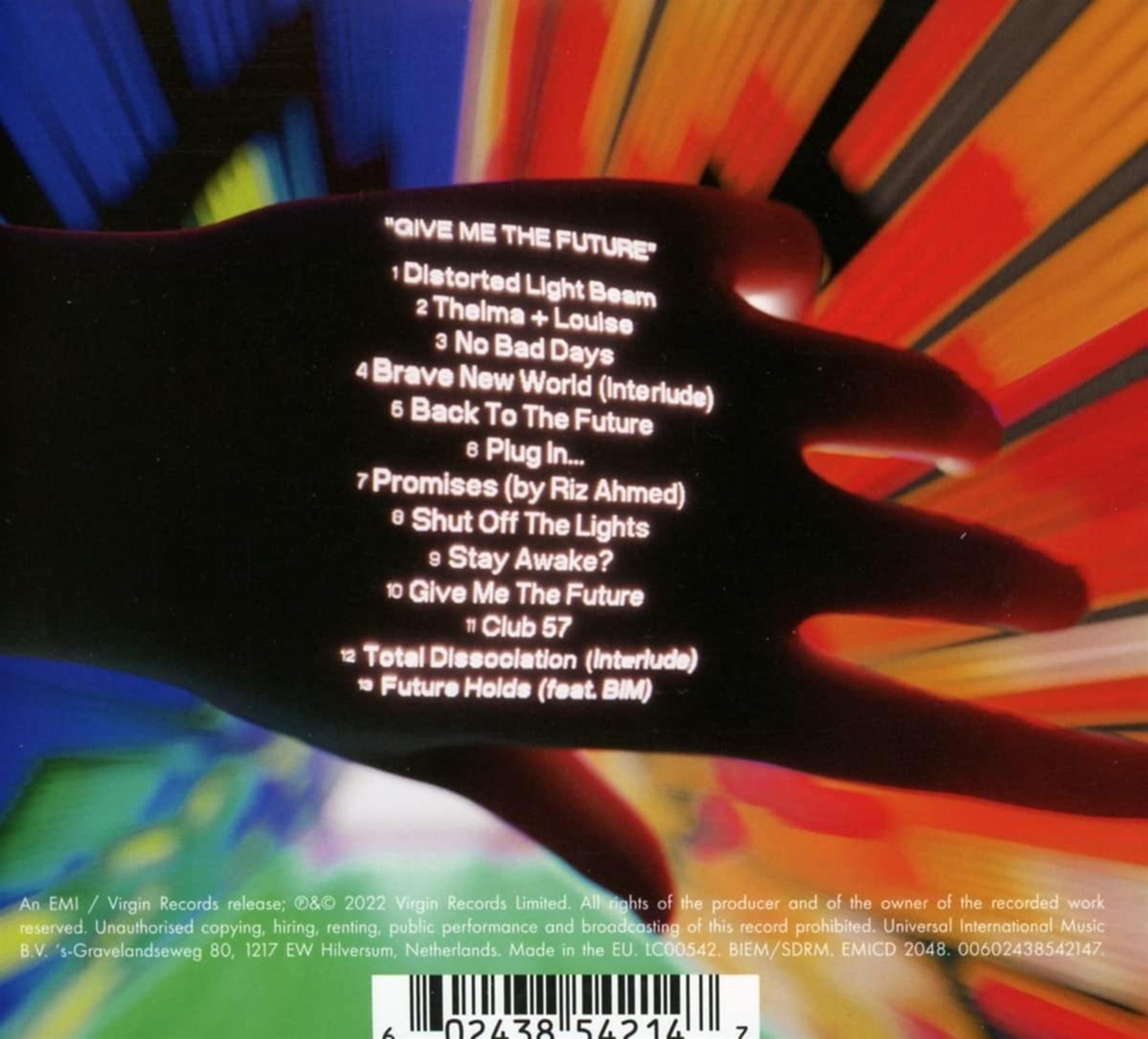 Albumcover mit einer Hand, die ein farbenfrohes abstraktes Design und die Titelliste überlagert.