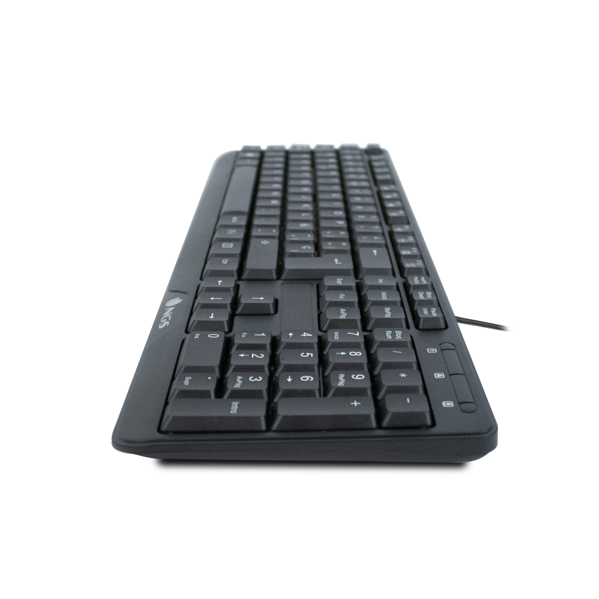 Un teclado negro de ordenador sobre fondo blanco. El teclado tiene teclas numeradas, de función y un teclado numérico.