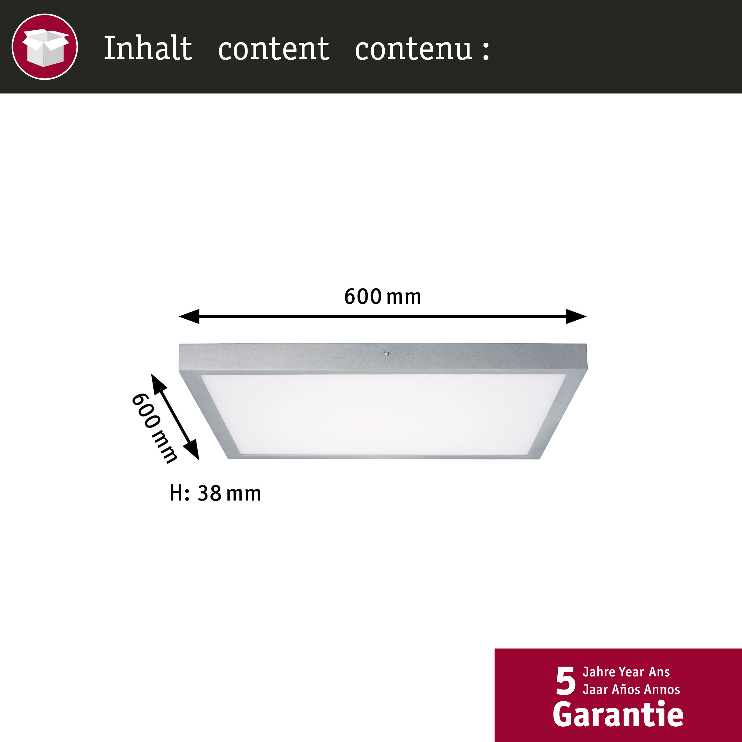 Quadratische Deckenleuchte. Weißes Licht, silberner Rahmen. 5 Jahre Garantie unten.
