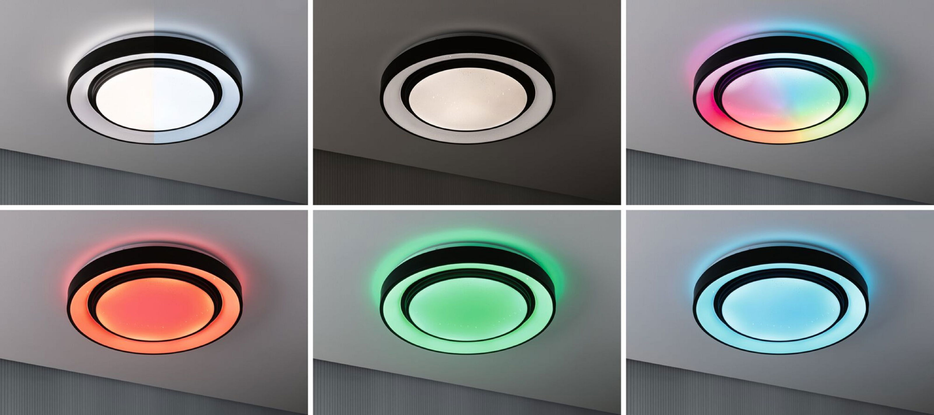 Una plafoniera con un design circolare in bianco e nero. La luce si illumina di bianco e poi cambia in vari colori.