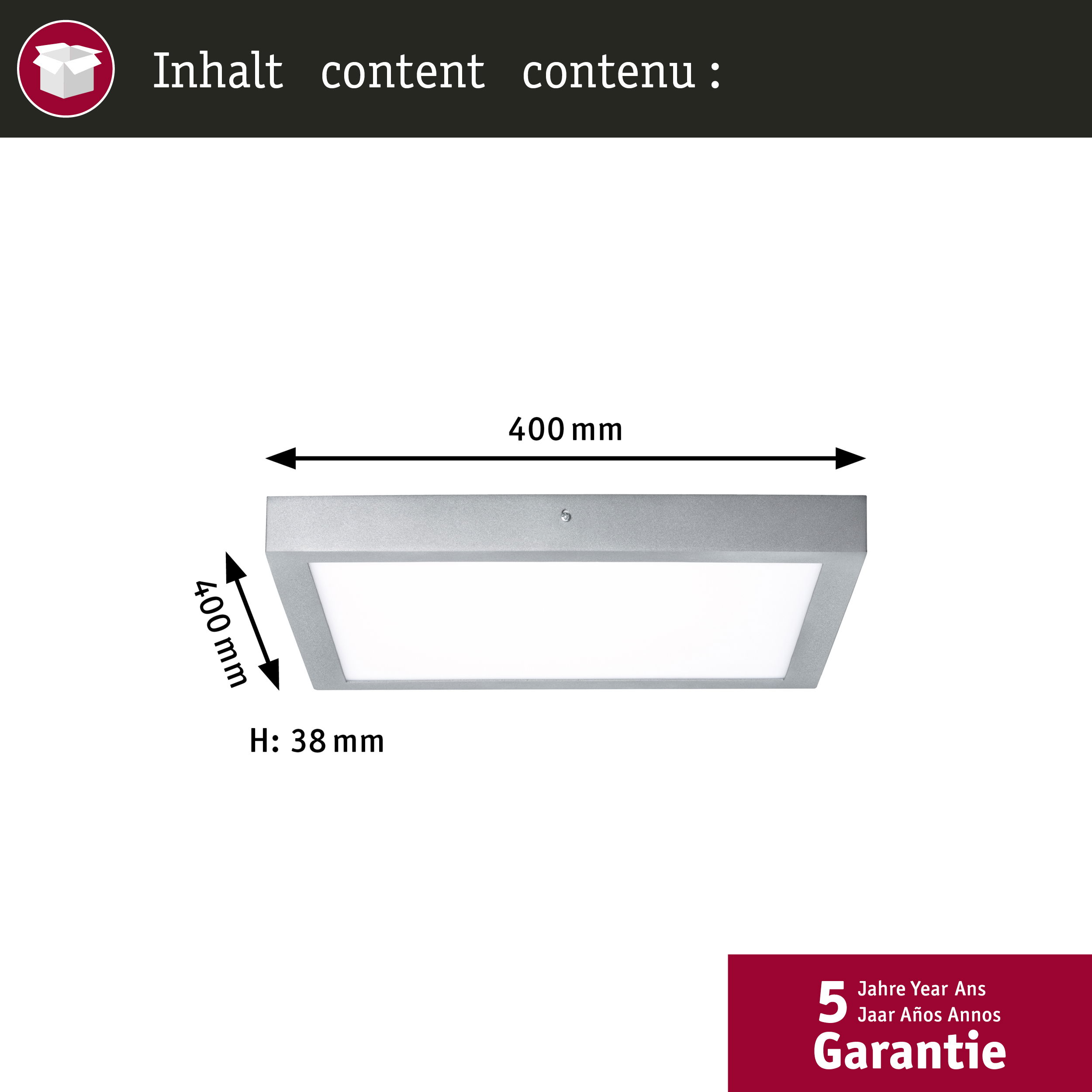 Una plafoniera LED quadrata argentata viene visualizzata con le dimensioni. Ha un centro illuminato di bianco e frecce nere.