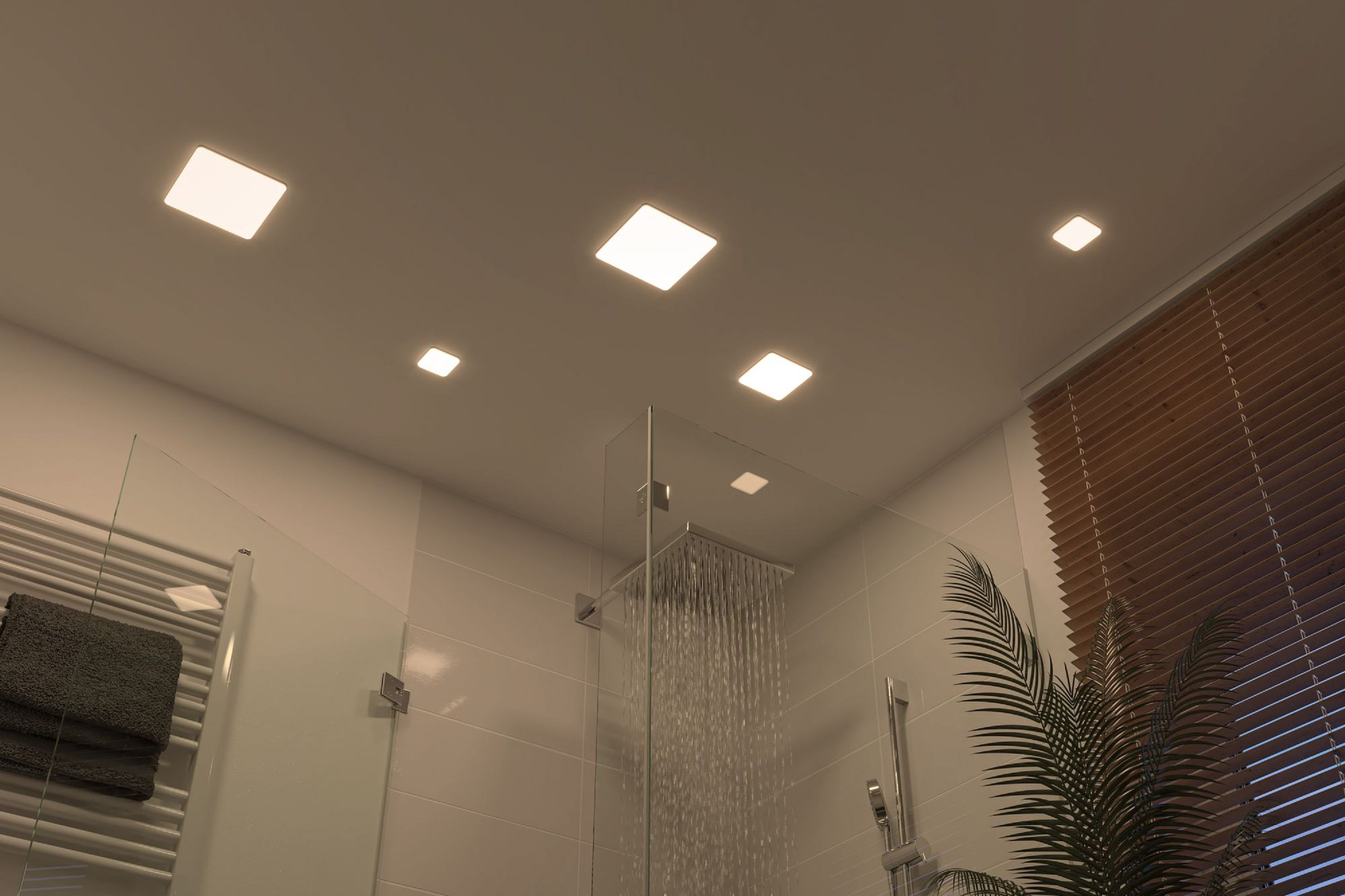 Bagno con doccia, luci e persiane. Portasciugamani e pianta visibili.