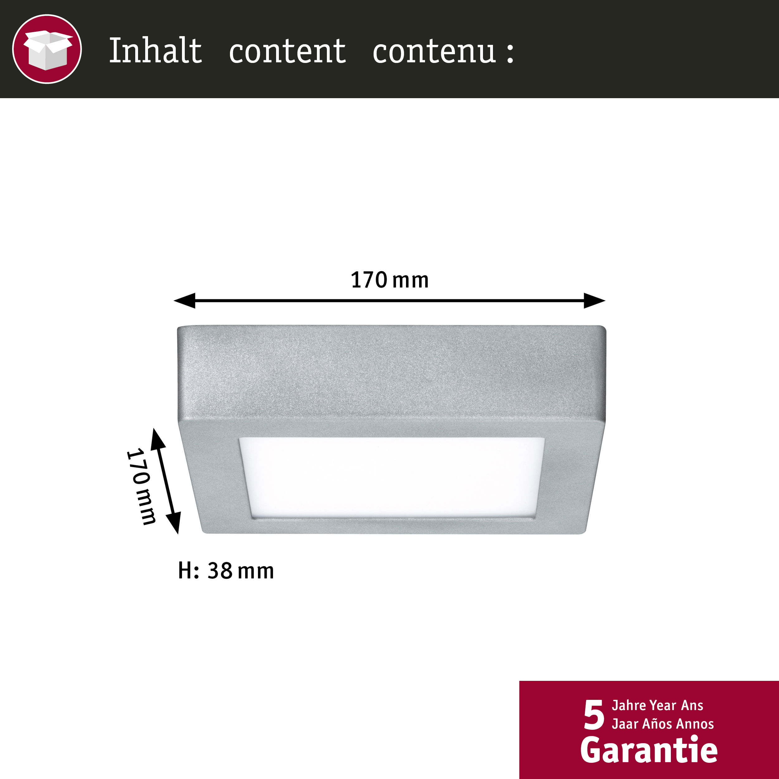 Un apparecchio di illuminazione quadrato con dimensioni. Testo in tedesco, inglese, spagnolo e francese. 5 anni di garanzia.