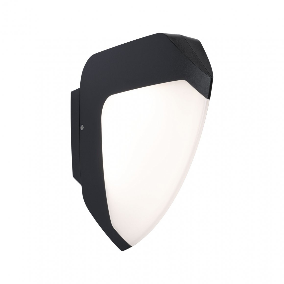 Nowoczesna, czarna lampa ścienna z białym, w kształcie tarczy źródłem światła na białym tle.