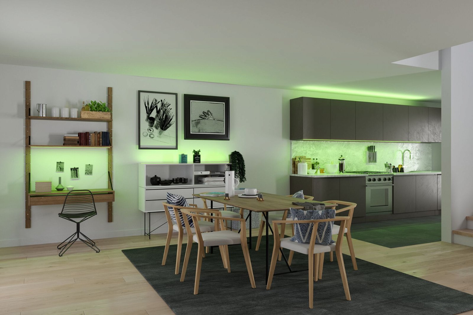 Nowoczesna kuchnia i jadalnia. Stół jest nakryty krzesłami. Z tyłu kuchnia z szafkami i kuchenką.