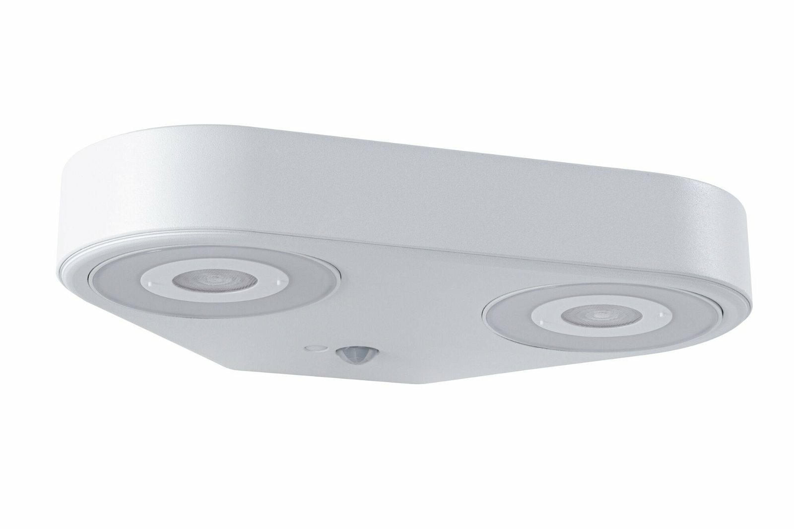 Biała, prostokątna oprawa oświetleniowa z dwoma okrągłymi światłami i czujnikiem ruchu pod spodem. Na białym tle.