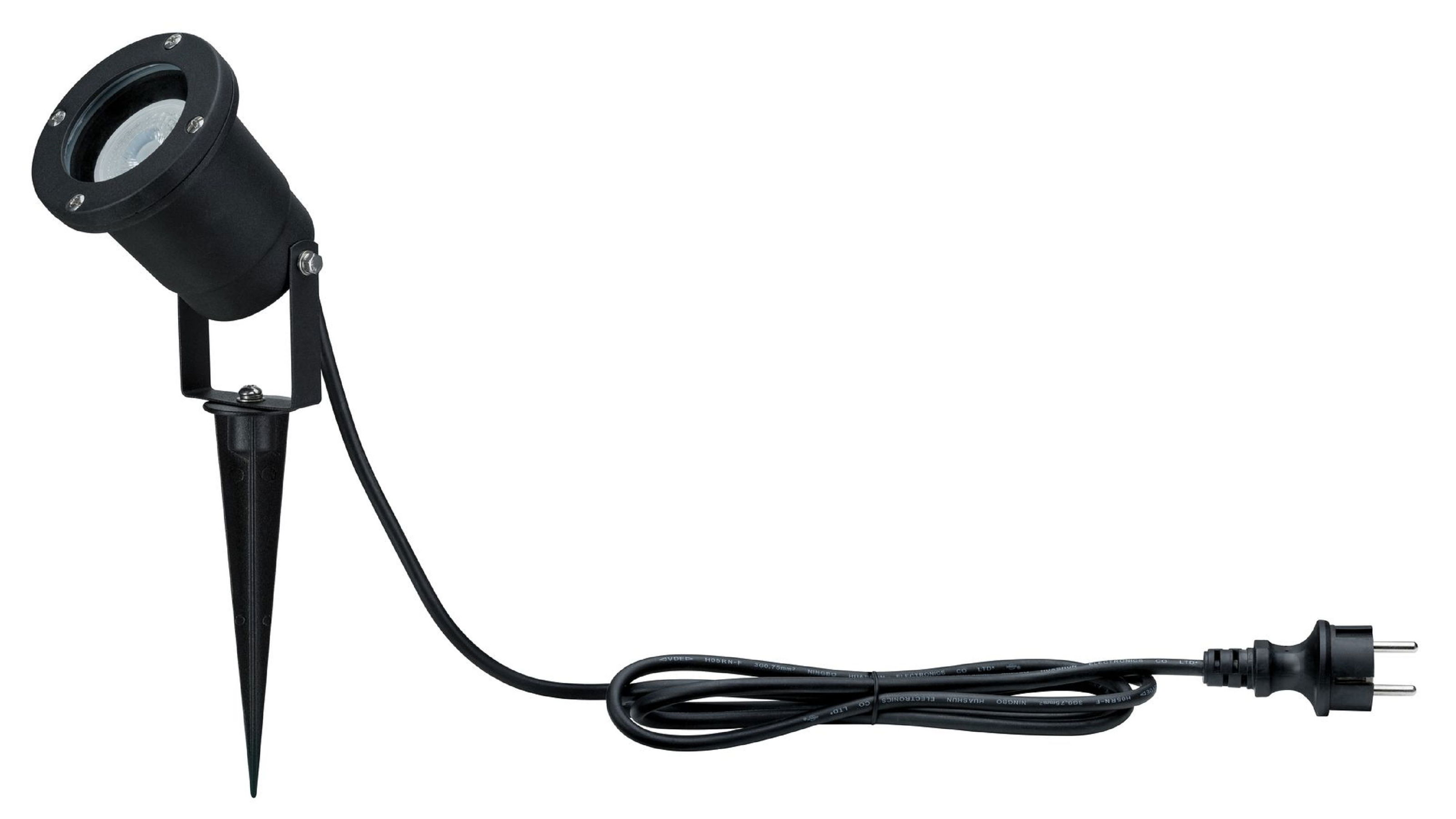 Czarny reflektor zewnętrzny z kolcem do montażu w ziemi, podłączony do przewodu i wtyczki.