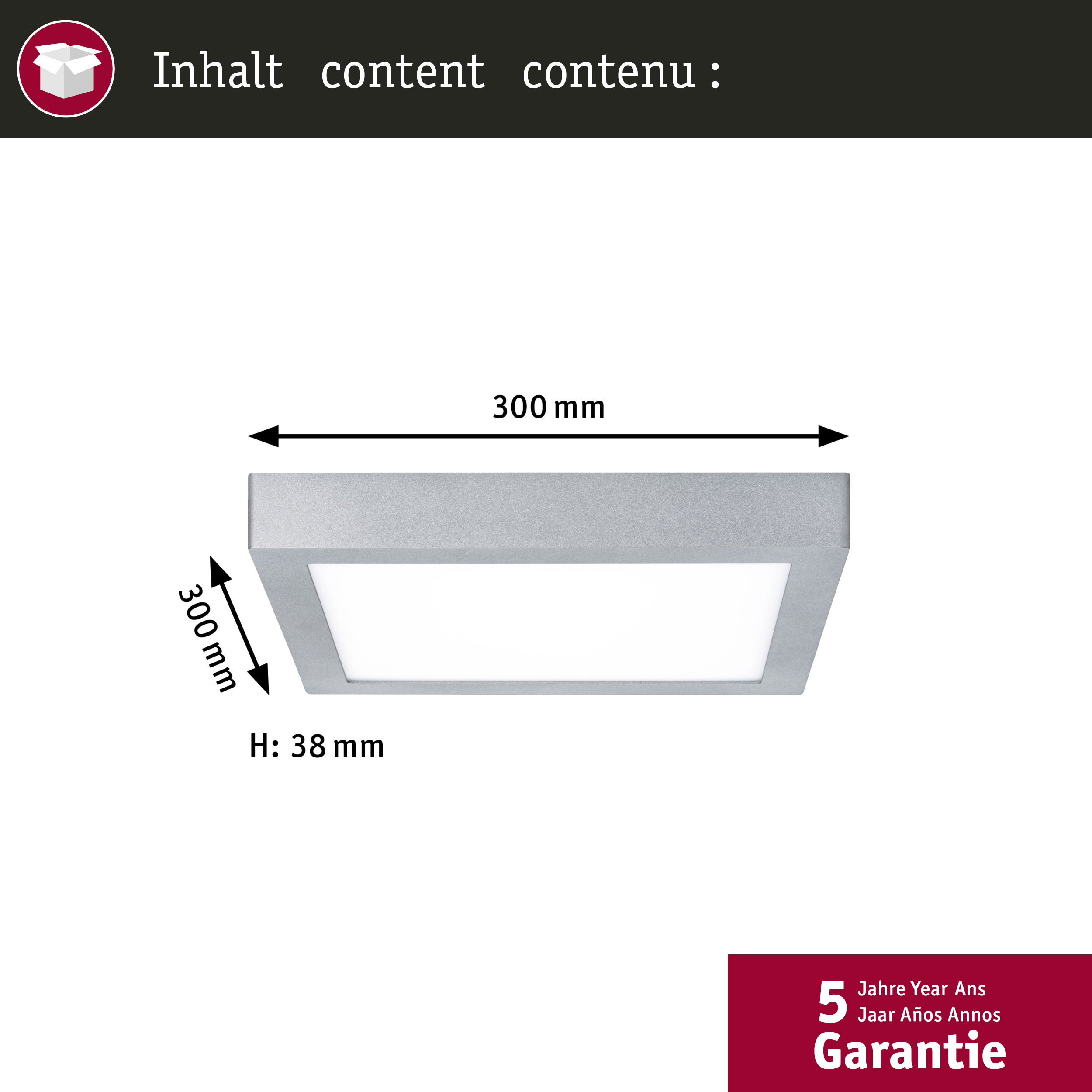 Un apparecchio di illuminazione a LED quadrato con dimensioni etichettate. Grafica di garanzia in basso.