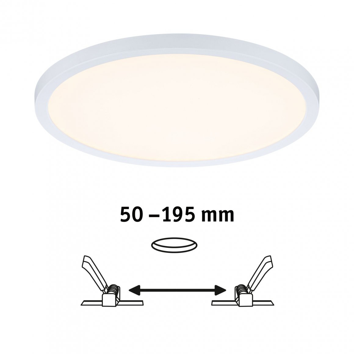 Biała, okrągła lampa sufitowa. Poniżej schemat pokazuje zakres 50-195 mm z ilustracją osprzętu montażowego.