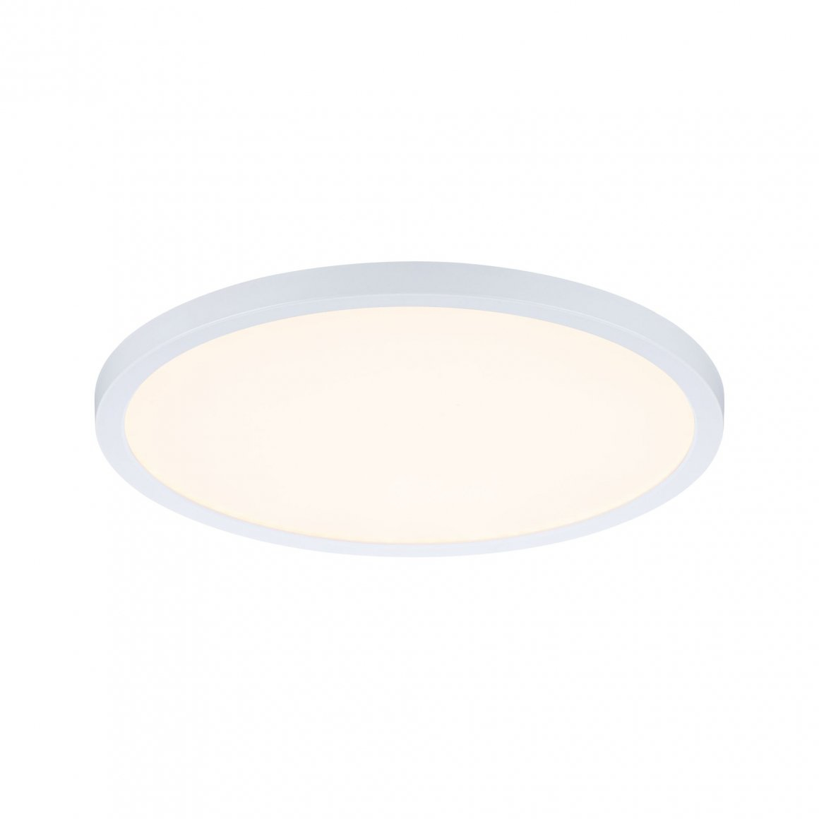 Okrągła, biała lampa sufitowa z miękkim, świecącym środkiem na białym tle. Krawędź światła jest lekko podniesiona.