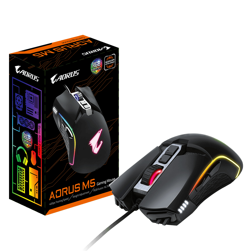 Czarna mysz gamingowa AORUS M5 z oświetleniem RGB i pudełkiem. Mysz ma kabel i przyciski. Na pudełku znajduje się tekst i obrazy.