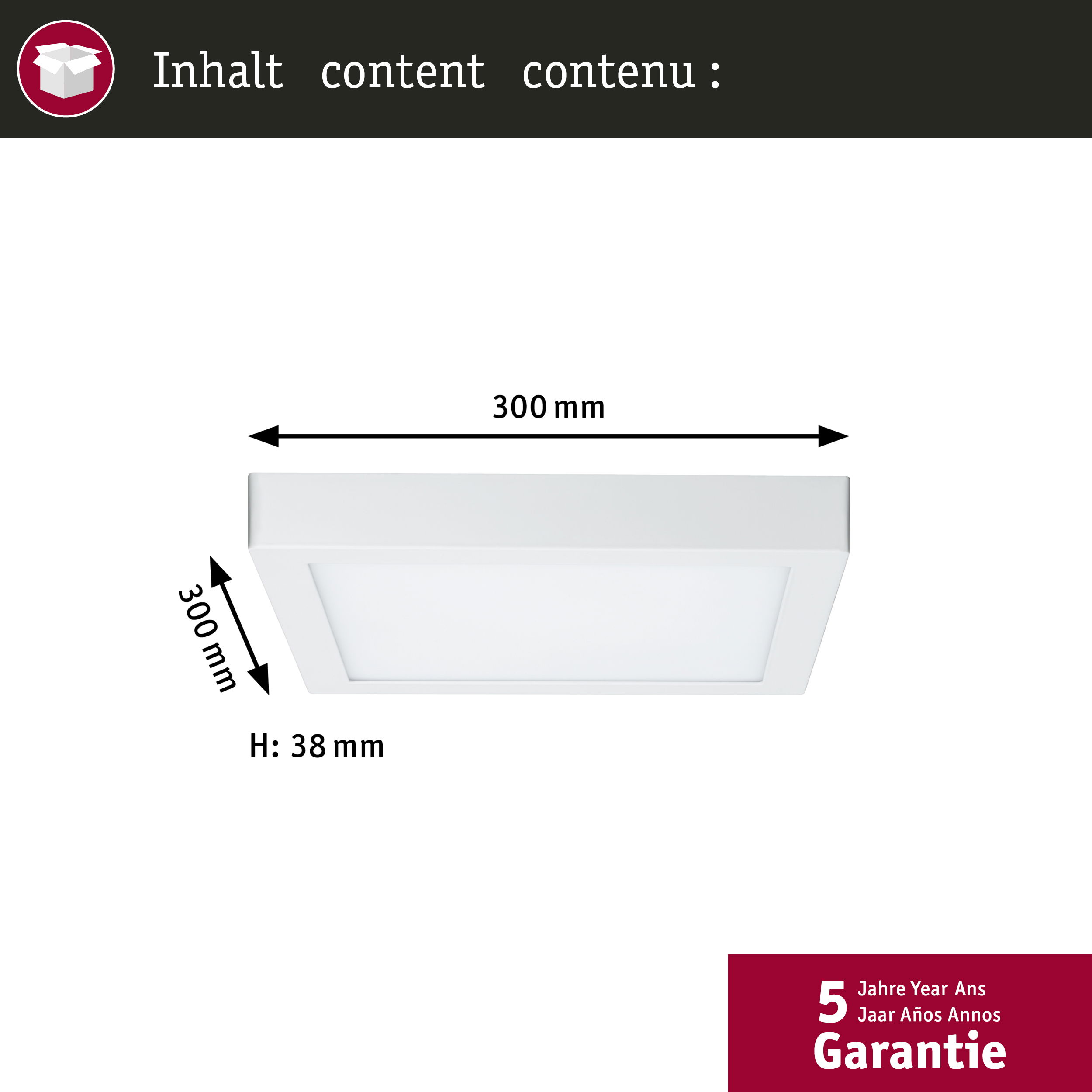 Un apparecchio luminoso bianco quadrato con dimensioni. Il testo include 'Inhalt content contenu' e '5 anni di garanzia'.