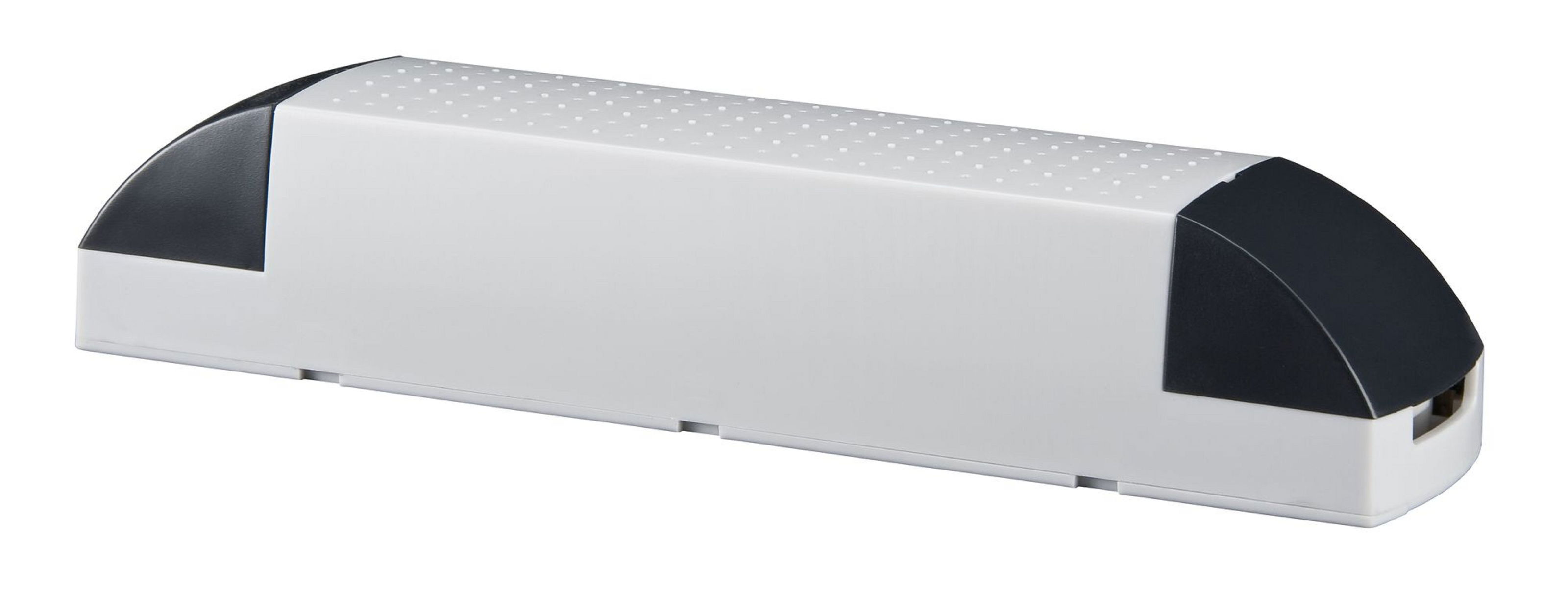 Białe prostokątne urządzenie z zaokrąglonymi czarnymi końcami. Góra jest biała z małymi kropkowanymi otworami.