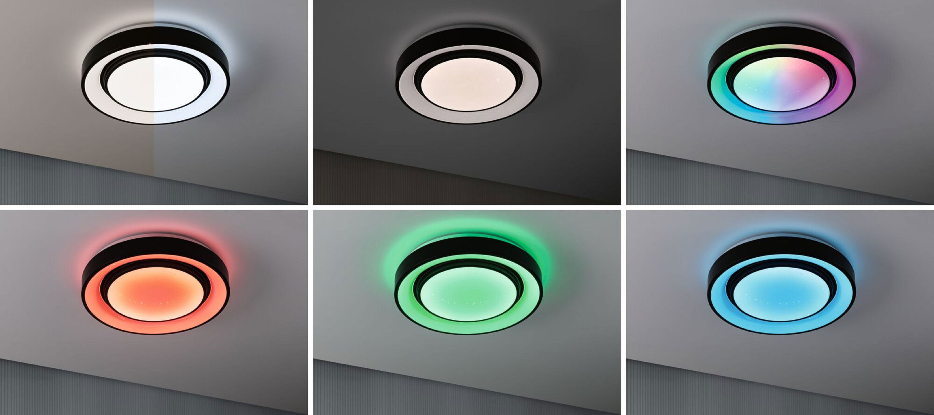 Un plafonnier avec un bord noir et des lumières de couleurs changeantes. Les couleurs de la lumière varient : blanc, arc-en-ciel, rouge, vert et bleu.