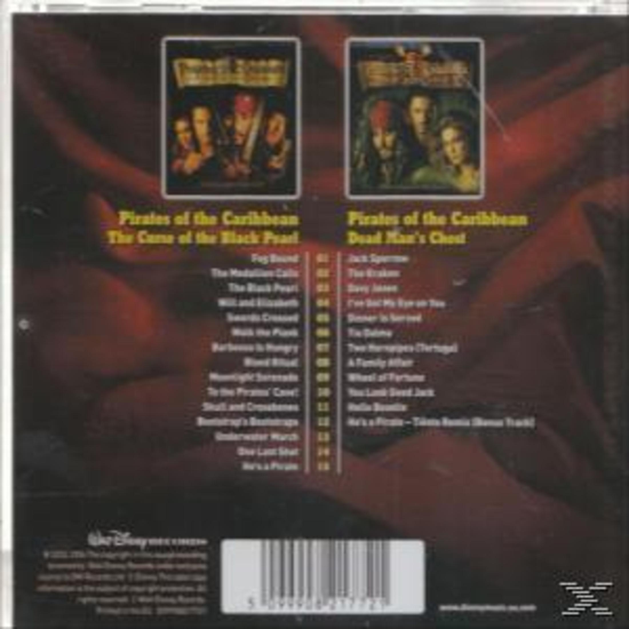 CD-Cover für Soundtracks von Fluch der Karibik. Enthält Albumcover und Titellisten für zwei Filme.