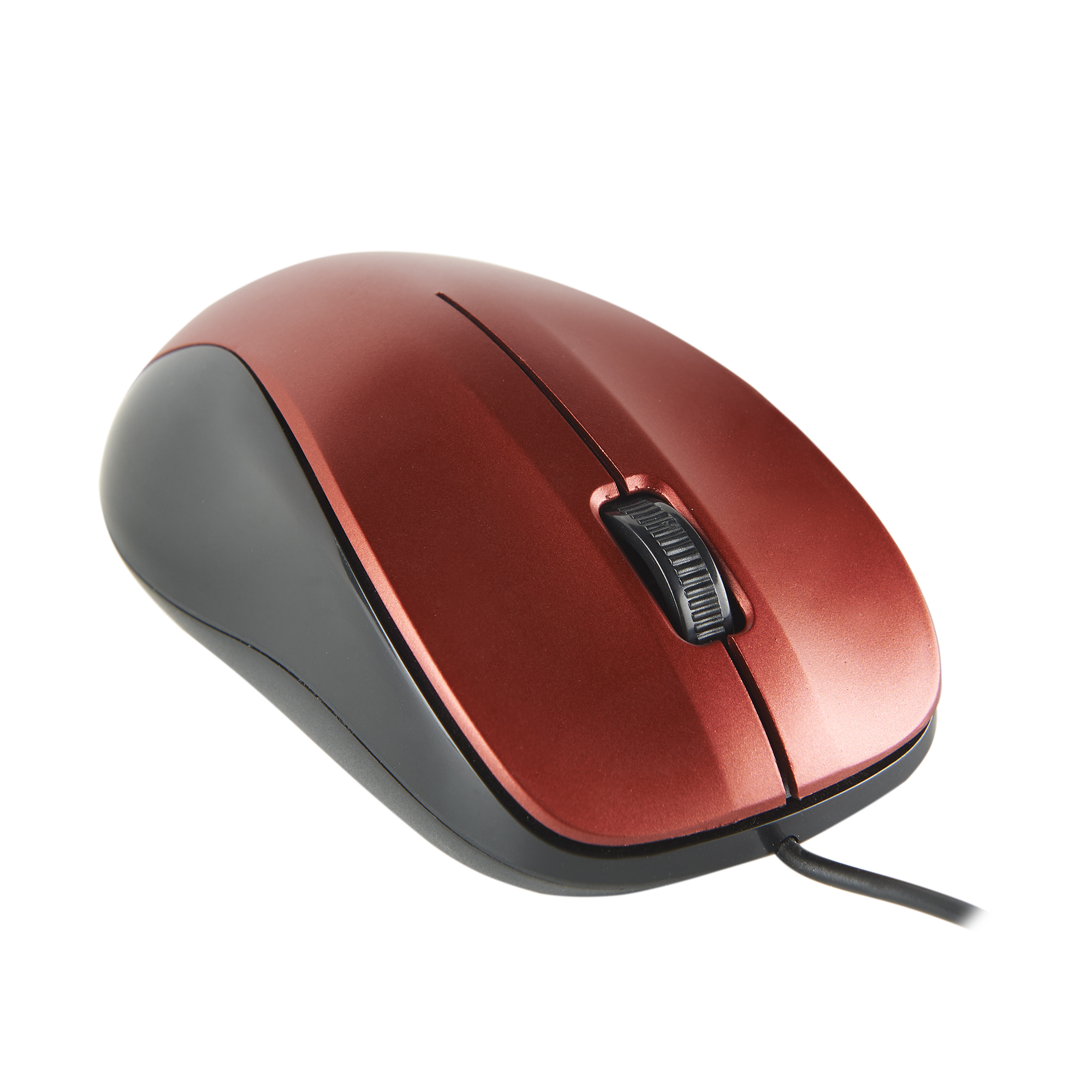 A computer mouse with a red-brown top and black sides, wheel, and cable. It is set against a white background.