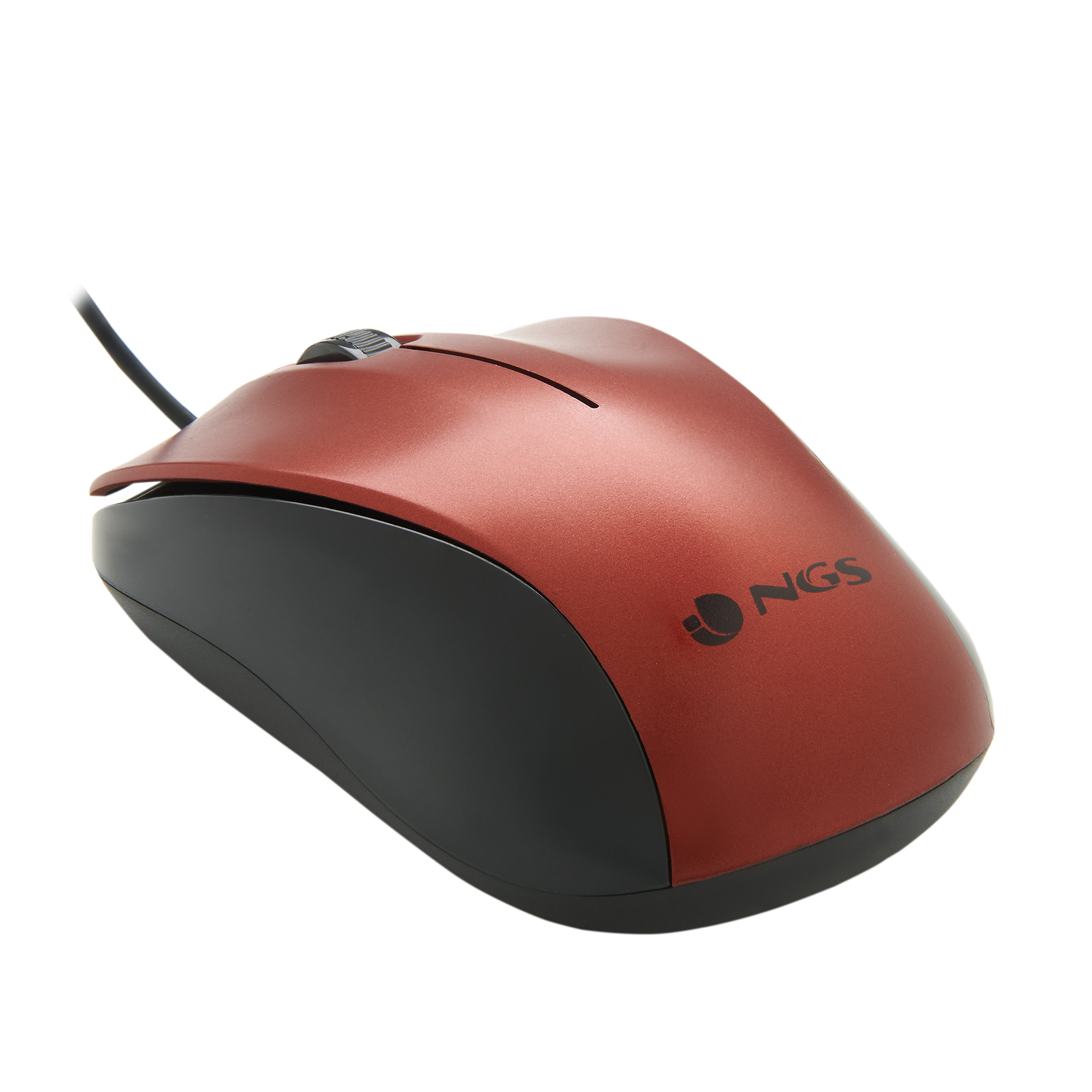 A red and black computer mouse with the NGS logo. A black cable is attached.