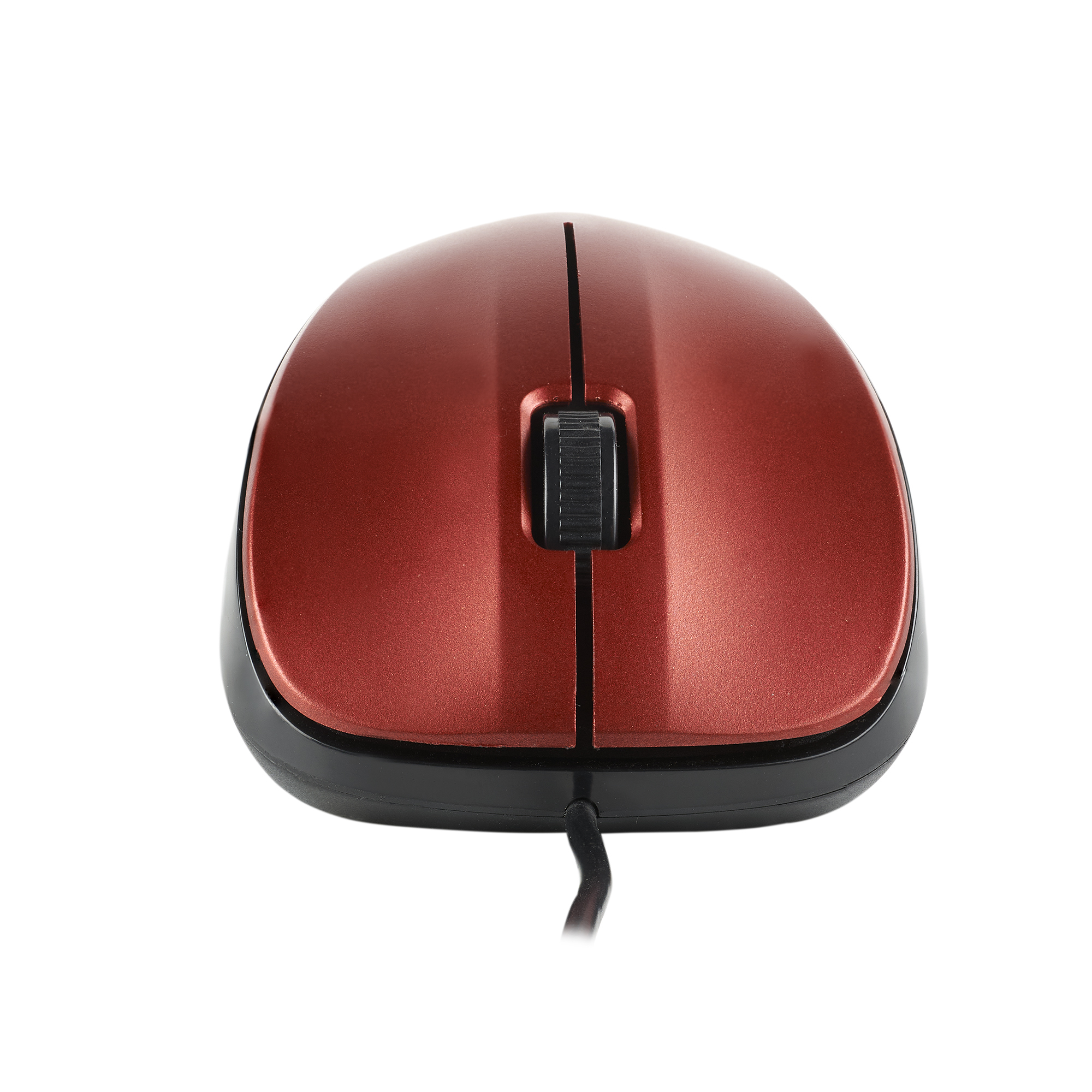 A red computer mouse with a black scroll wheel and a black base, on a white background.