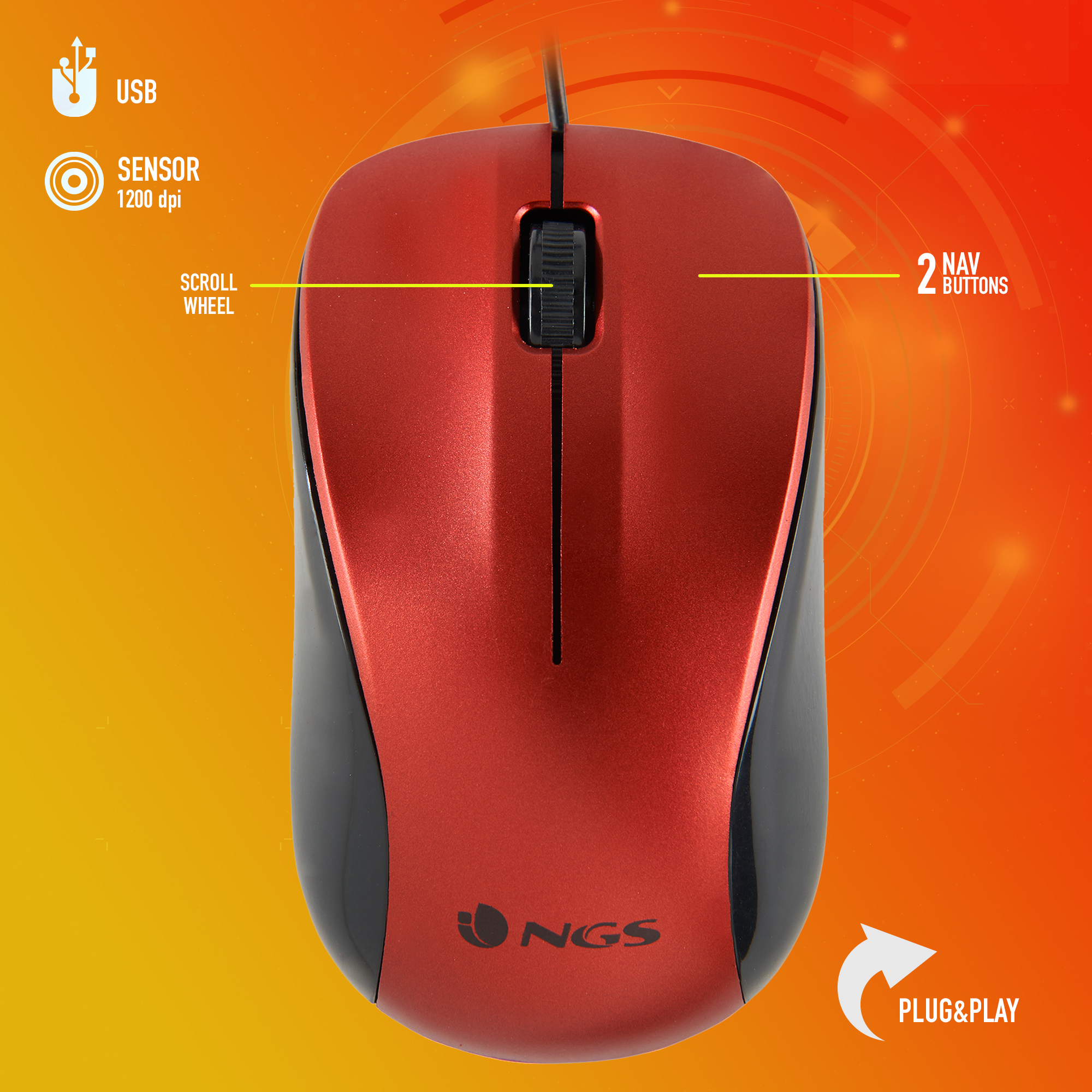 A red and black computer mouse. It has a scroll wheel and two nav buttons. The background is orange.