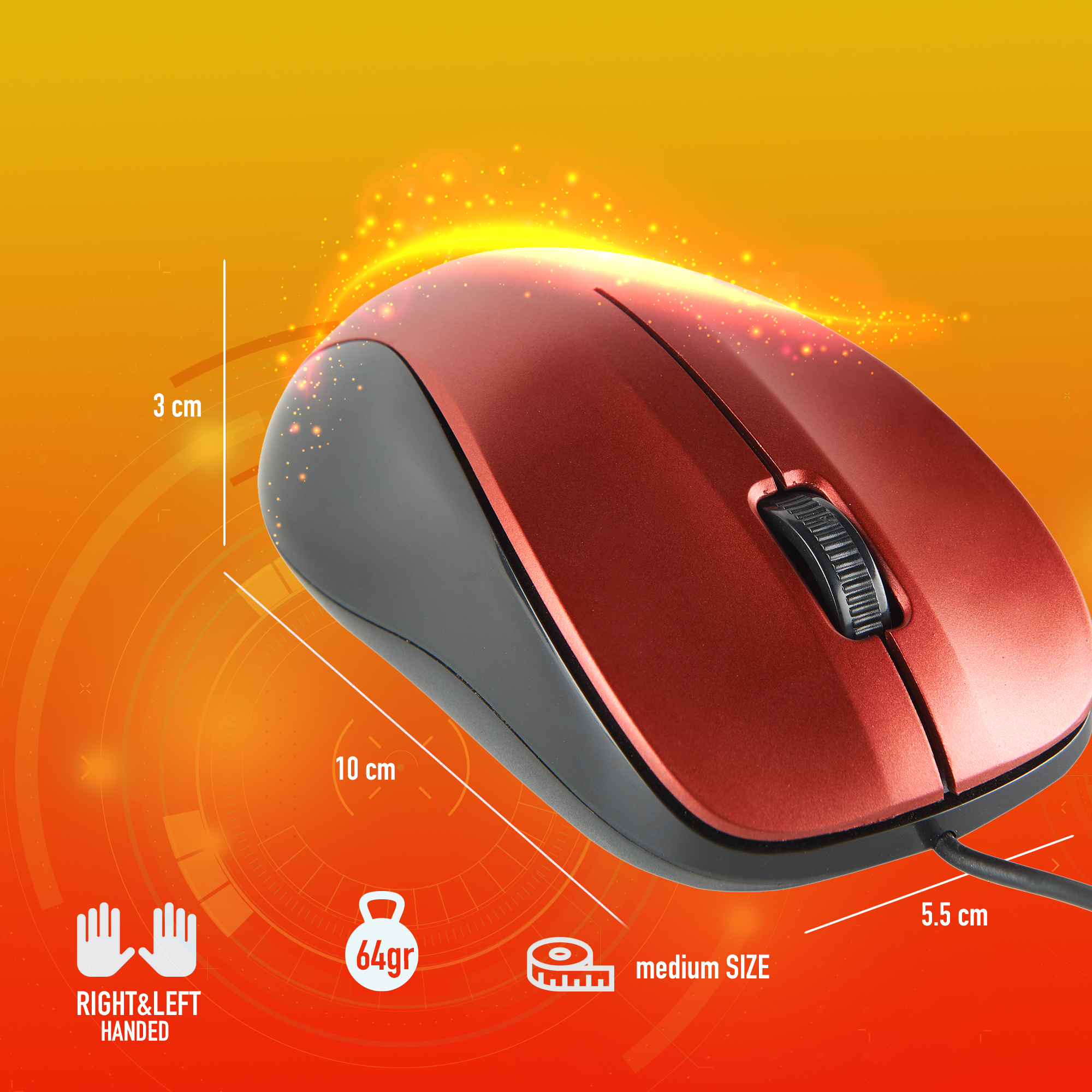 A red and black computer mouse is displayed against an orange and yellow background. Measurements and specs are displayed.