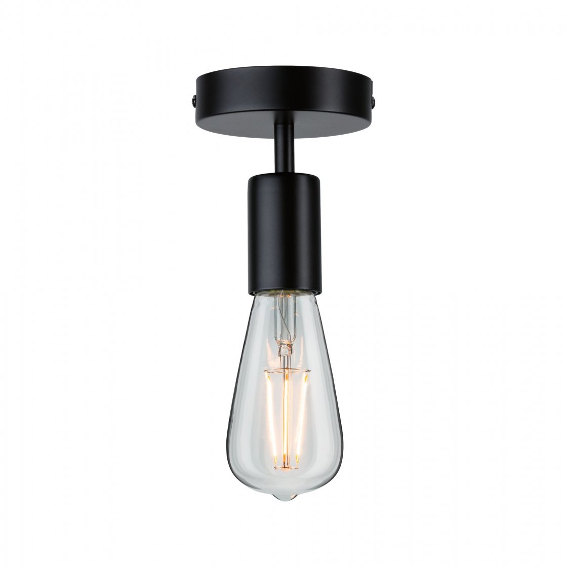 Un apparecchio di illuminazione a soffitto nero. Ha una base rotonda, un gambo cilindrico e una lampadina in vetro trasparente a forma di pera.