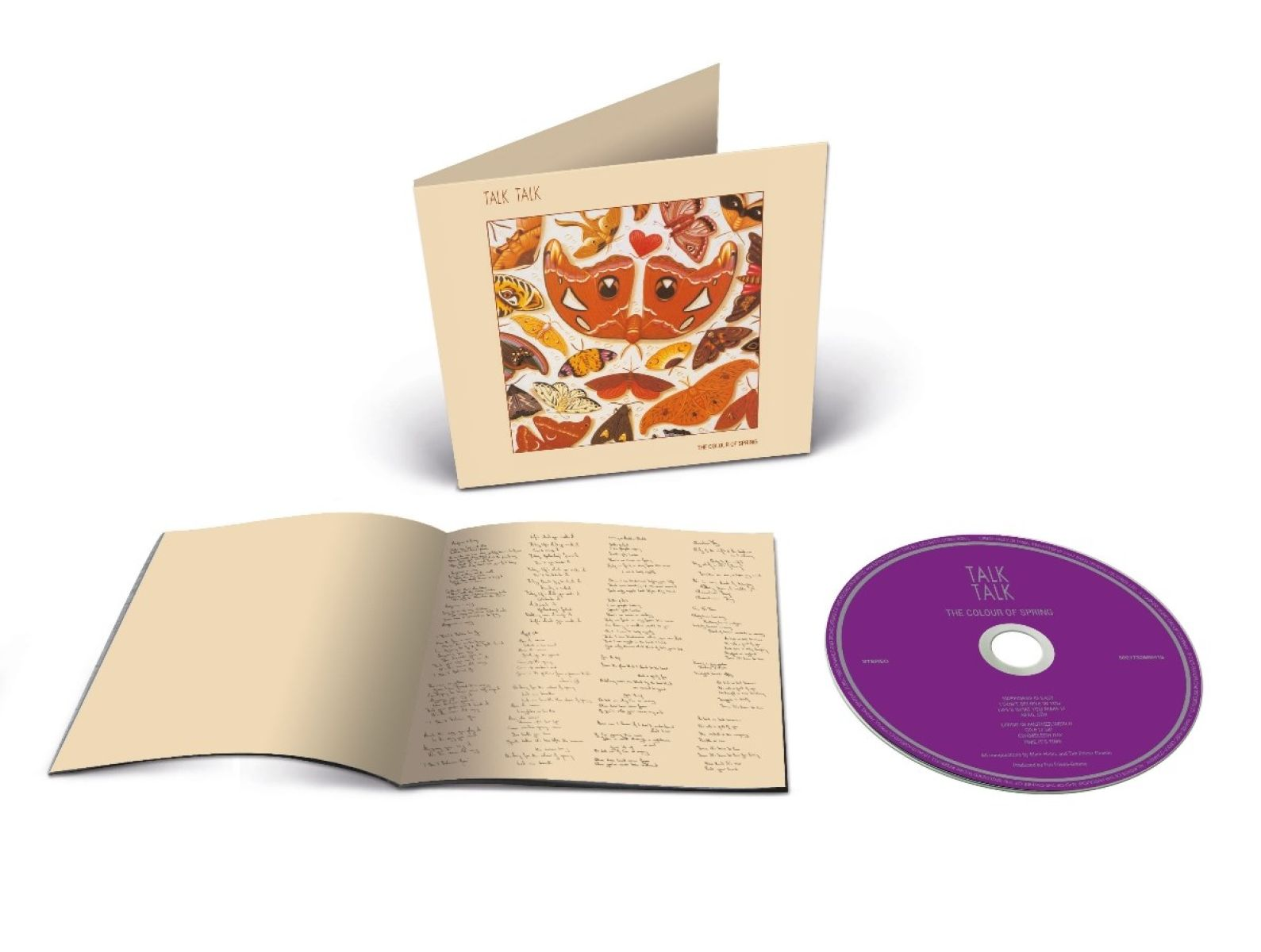 Copertina dell'album con farfalle, libretto di testi aperto e un CD viola, il tutto su sfondo bianco. L'album è "The Colour of Spring".