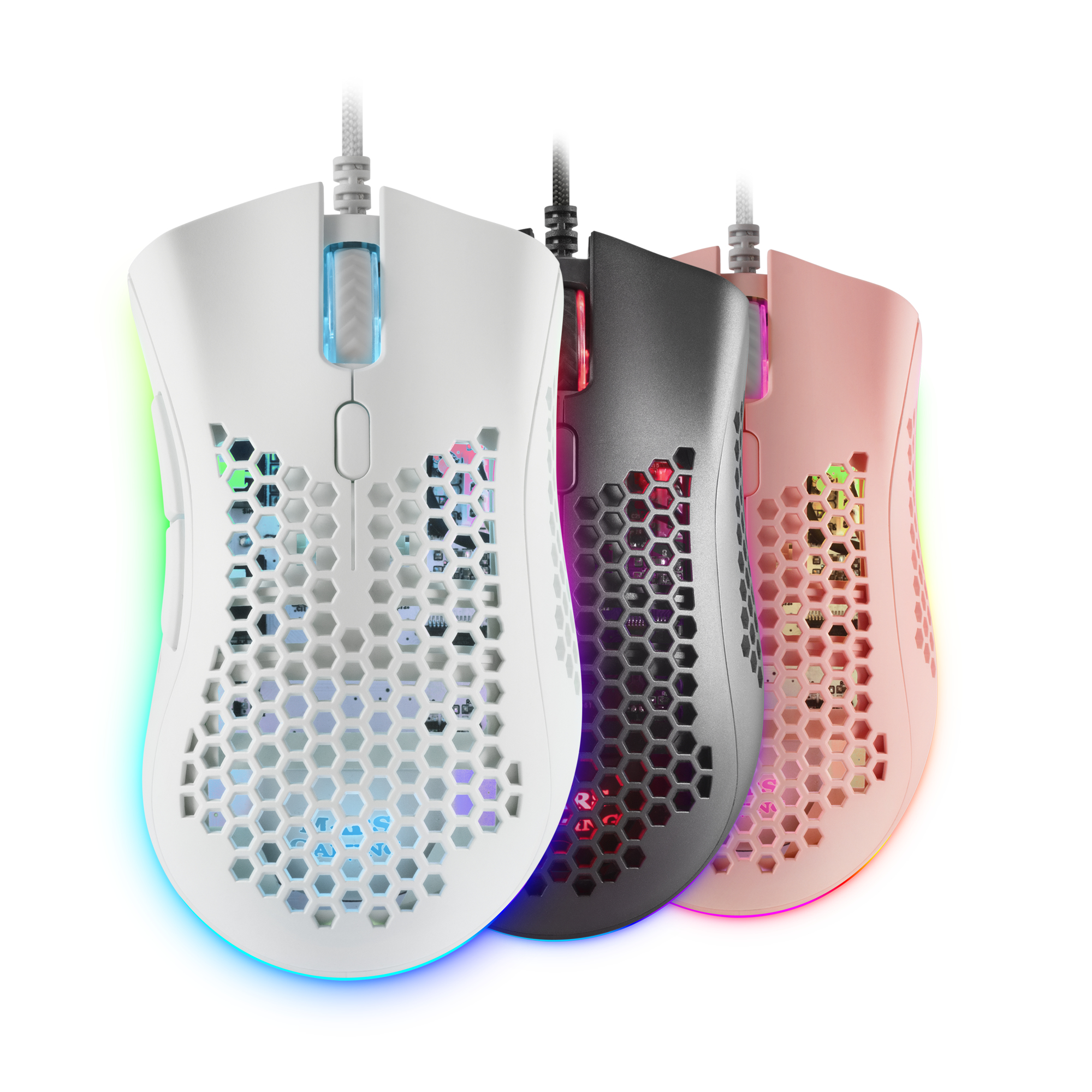 Tre mouse da gioco: bianco, nero e rosa. Ognuno ha un design a nido d'ape e illuminazione LED.