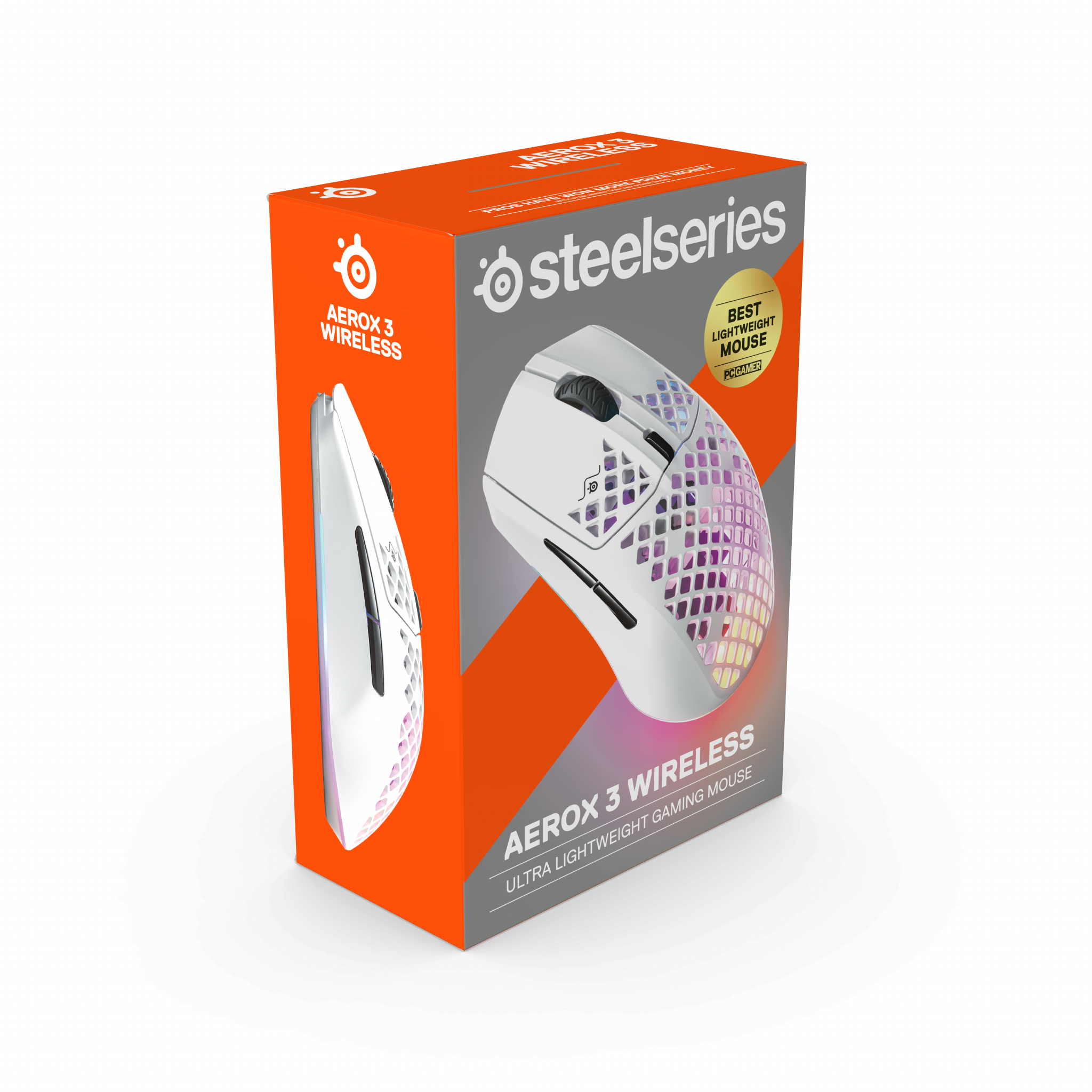 Eine SteelSeries Aerox 3 Wireless Mausbox. Die Box ist orange und grau. Auf der Vorderseite ist eine weiße Maus abgebildet.