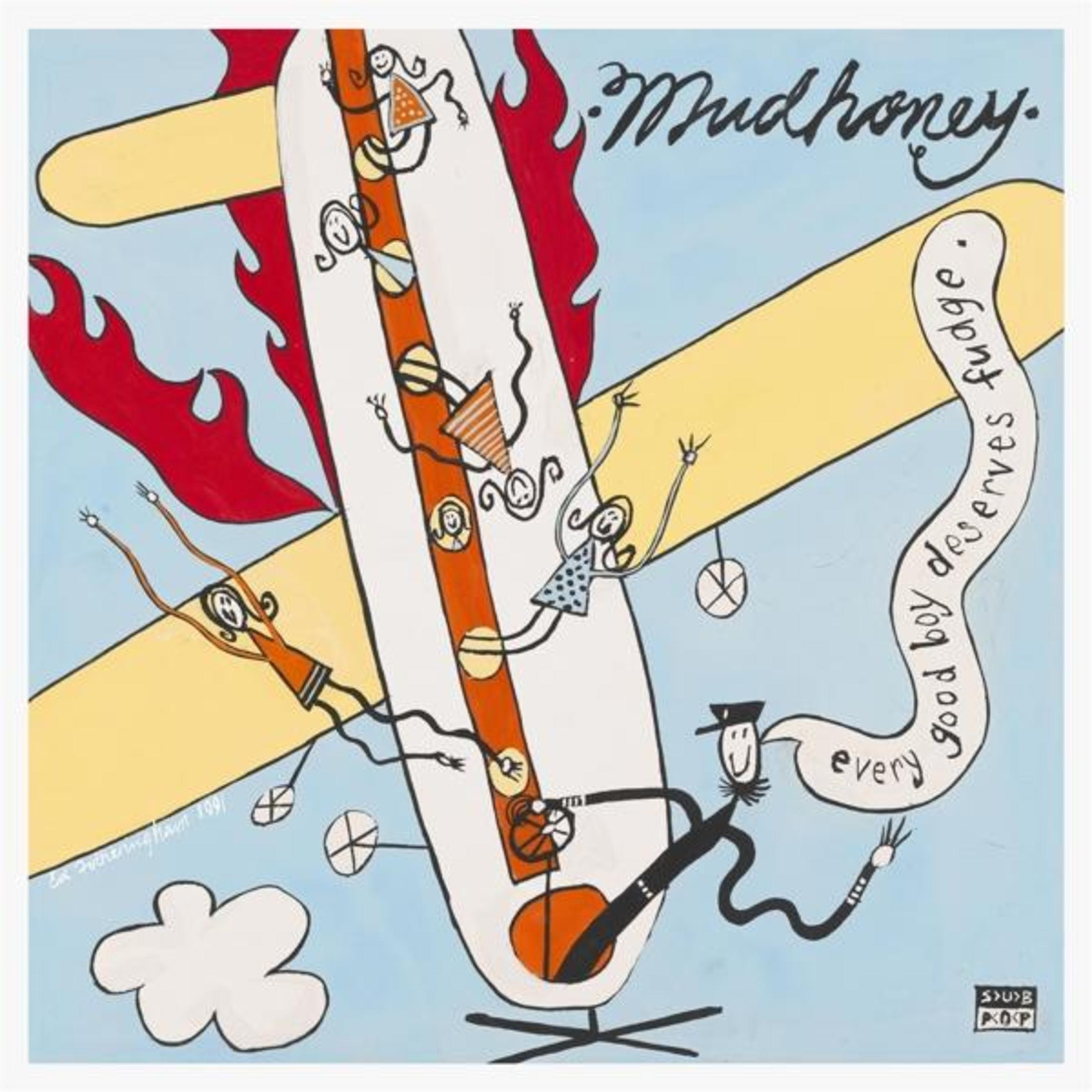 Cartoon-Kunst. Flugzeug mit stürzenden Menschen. Flammen und Text: Mudhoney, Good Boy verdient Fudge. Ein Mann mit Hut.