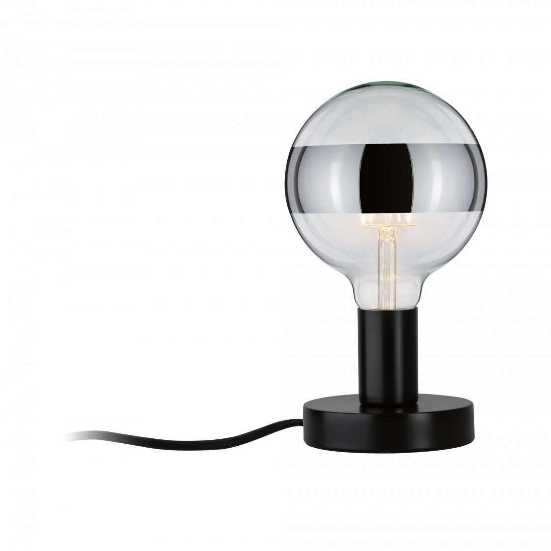 Czarna i przezroczysta szklana lampa stołowa z okrągłą żarówką. Lampa ma czarną podstawę i czarny kabel.