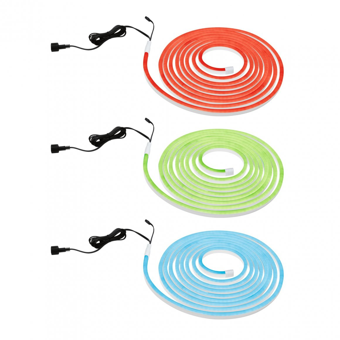 Trzy zwinięte paski LED: czerwony, zielony i niebieski. Każdy z czarnym kablem i wtyczką. Wszystko na białym tle.