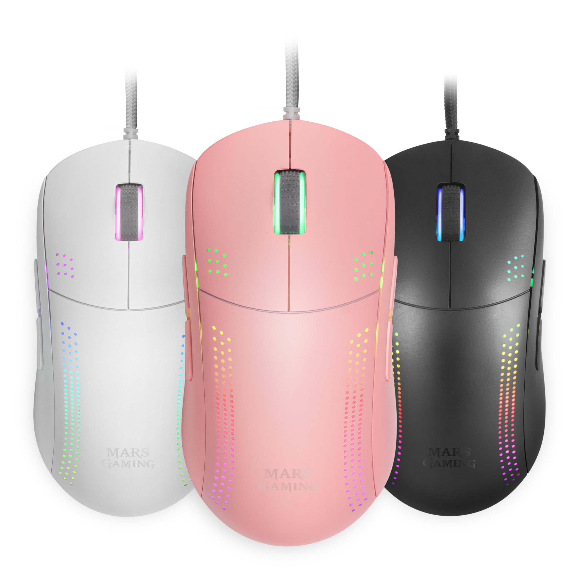 Drie gaming muizen: wit, roze en zwart. Elk heeft een oplichtende streep en stippen, met het "MARS GAMING" logo.