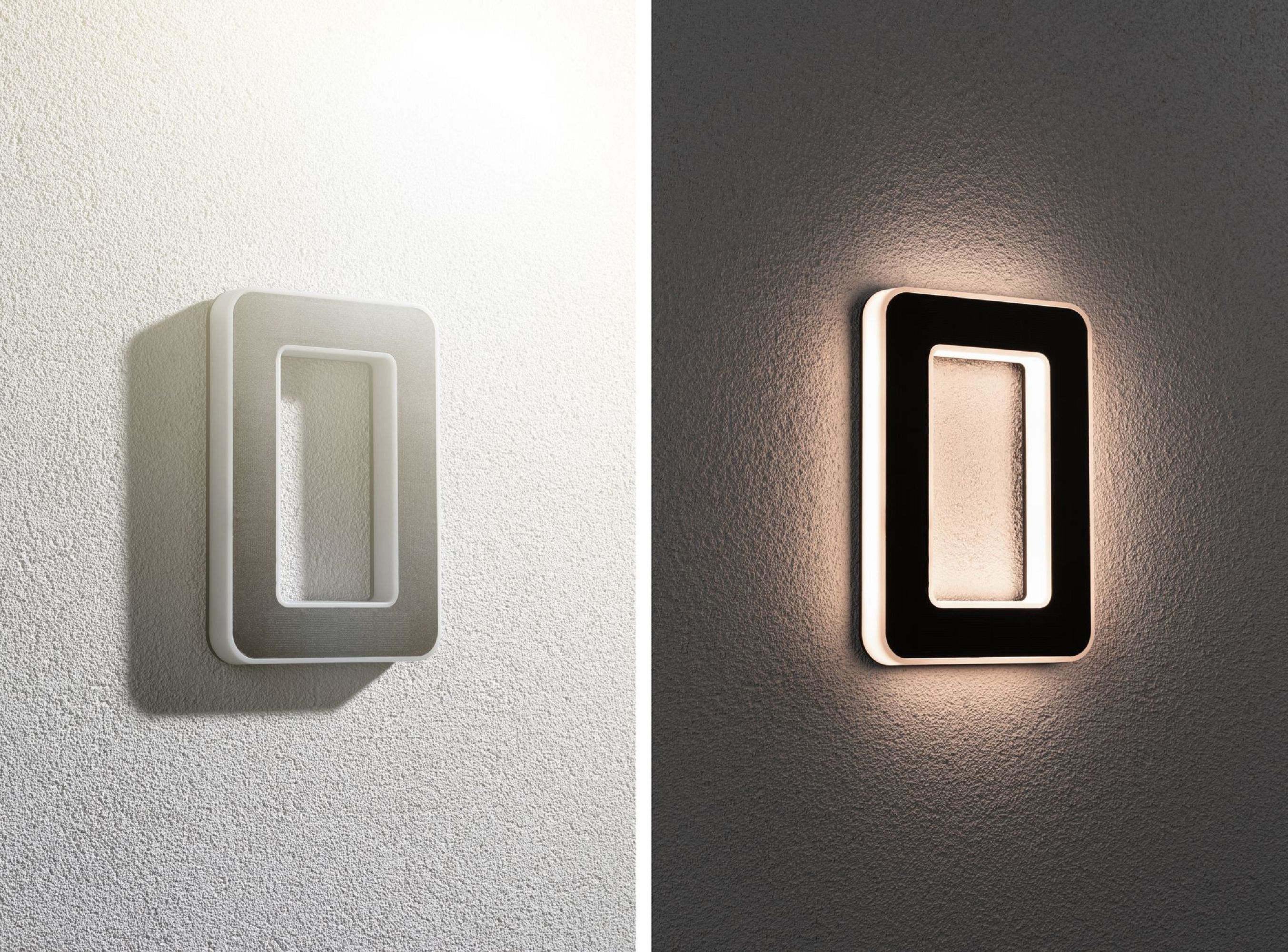 Dwie lampy ścienne. Po lewej: światło wyłączone. Po prawej: światło włączone z czarną ramką. Oba mają prostokątny kształt.