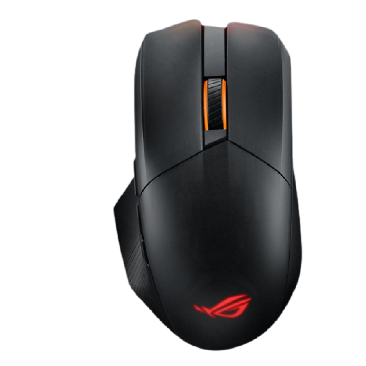 Un mouse per computer nero con rotella arancione e logo rosso in basso. È isolato su sfondo bianco.