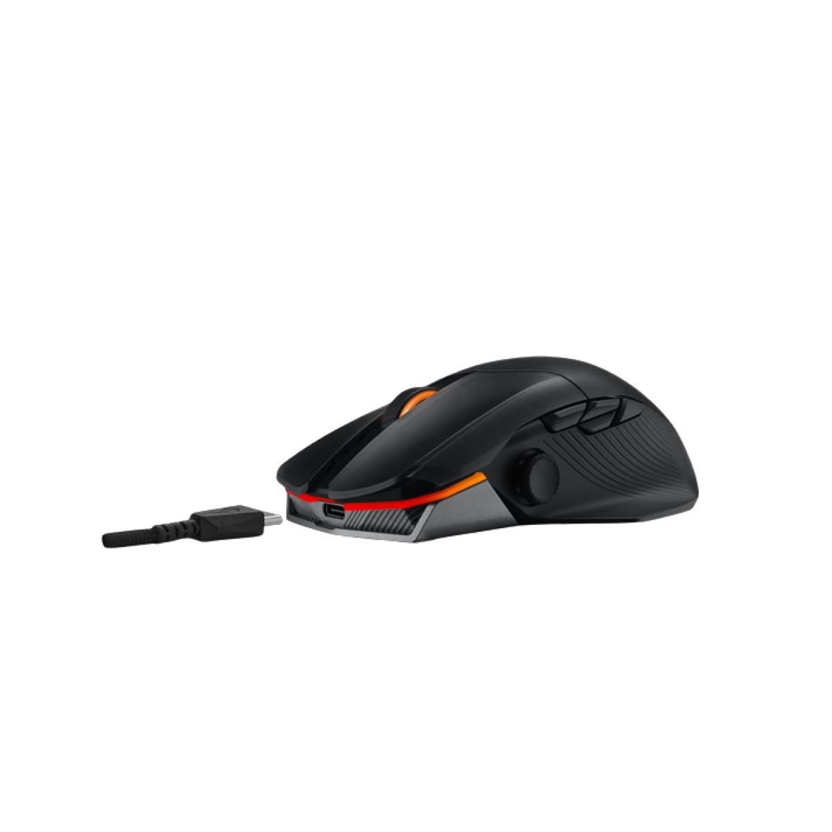 Mouse da gioco nero con dettagli arancioni e rossi, collegato a un cavo USB nero. Lo sfondo è bianco.