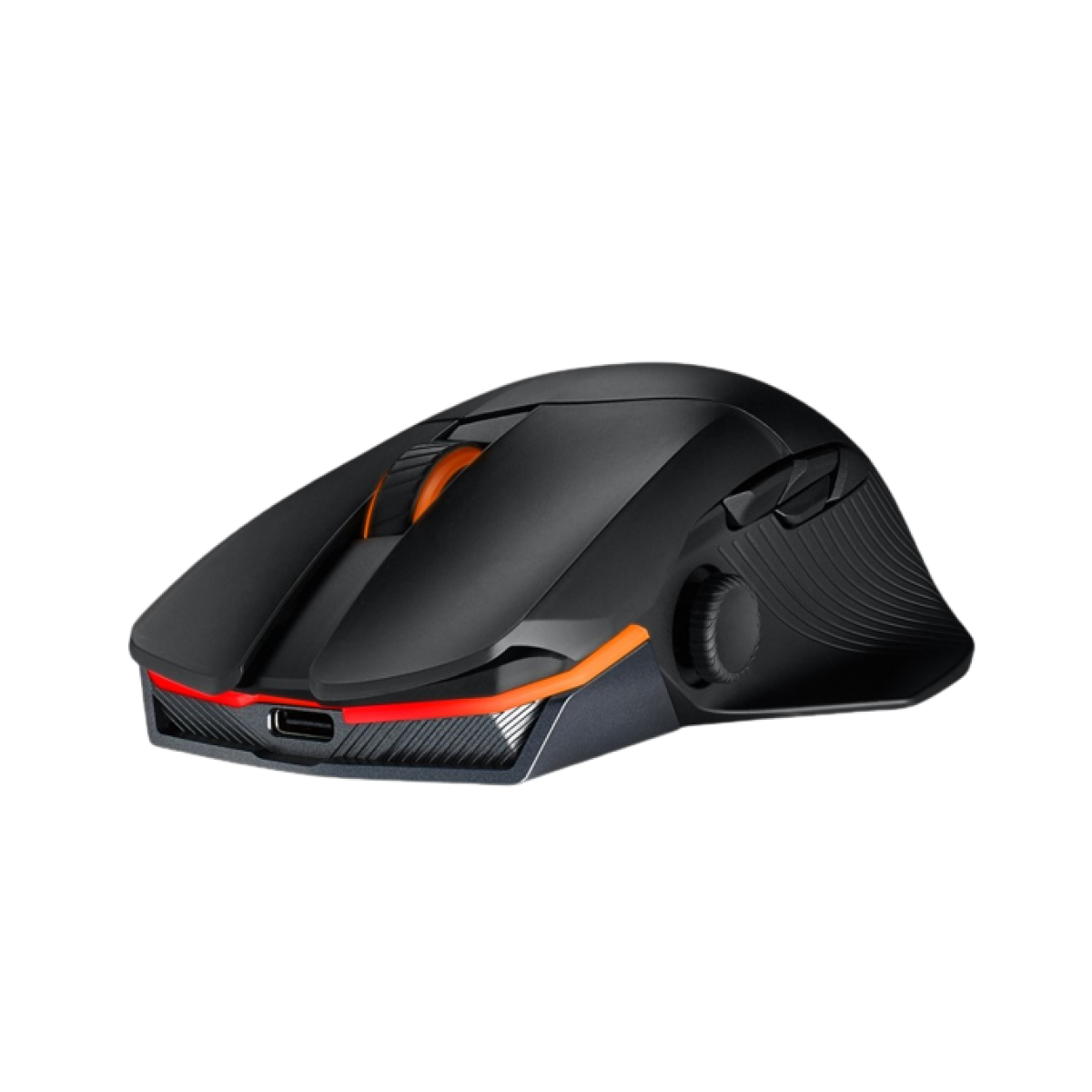 Un mouse da gioco nero e arancione. Ha un design elegante con più pulsanti e una rotellina. La base ha un accento rosso.